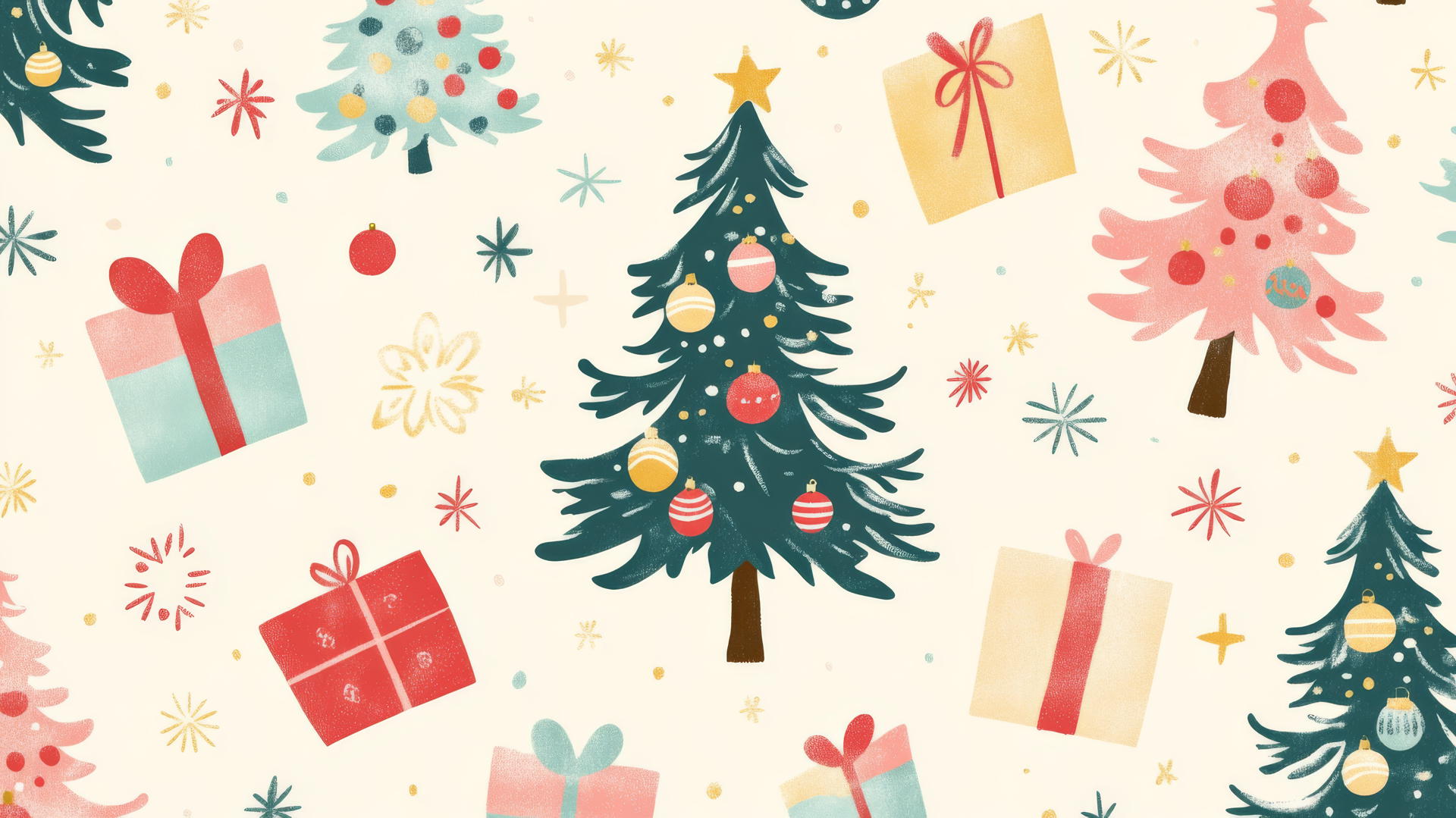 cute preppy Christmas wallpaper with colorful ornaments and pastel presents