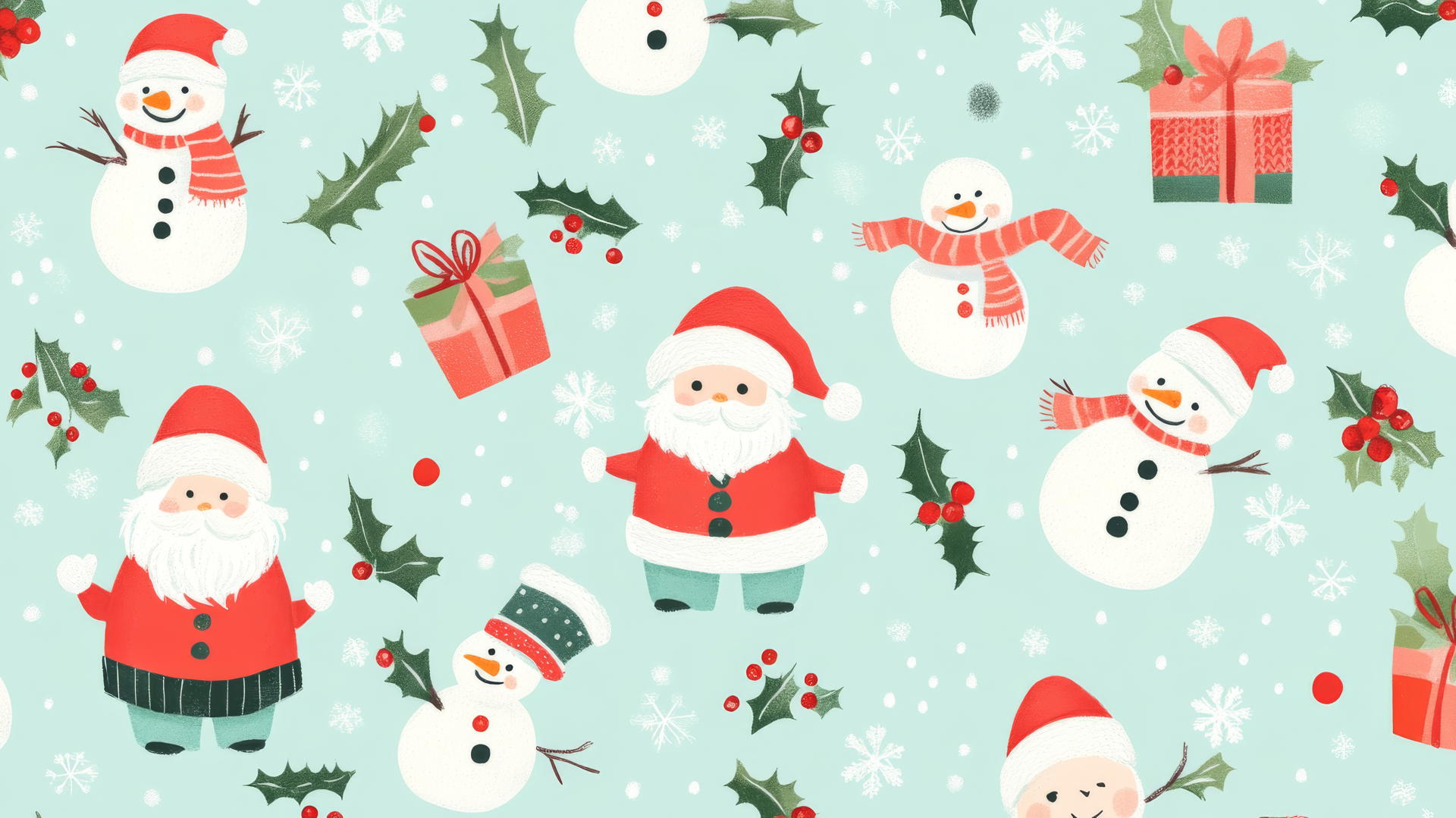 cute Christmas wallpaper preppy with Santas, snowmen, and holly berries on pastel mint