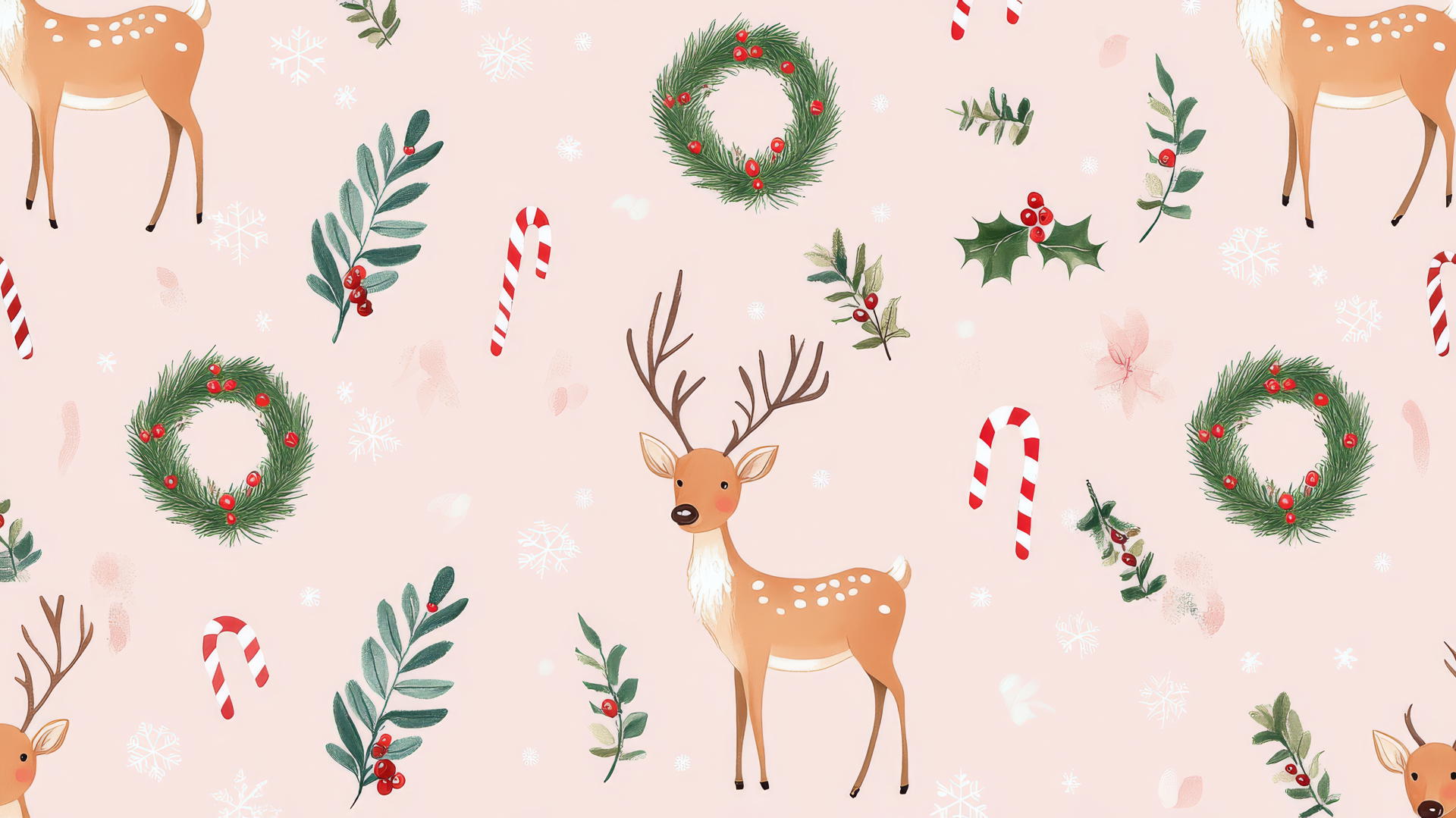 cute Christmas wallpaper preppy with reindeer, wreaths, and candy canes on pastel pink background