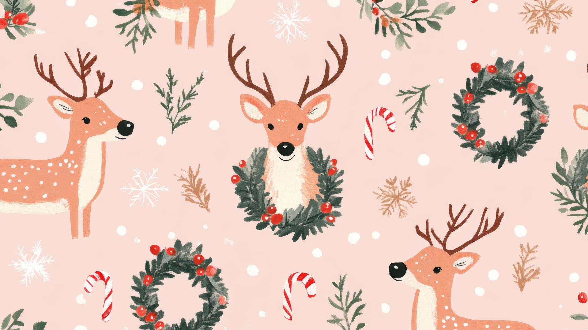 cute Christmas wallpaper preppy with reindeer, wreaths, and candy canes on pastel pink