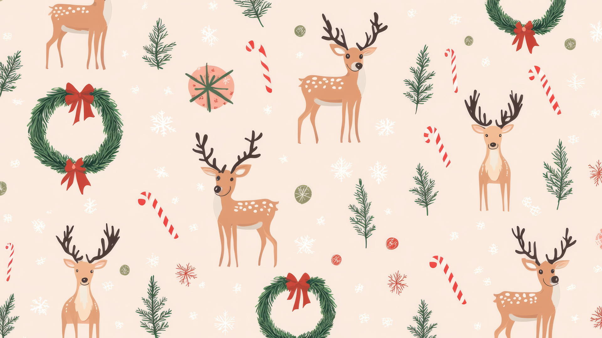 cute Christmas wallpaper preppy with reindeer, wreaths, and candy canes on pastel pink