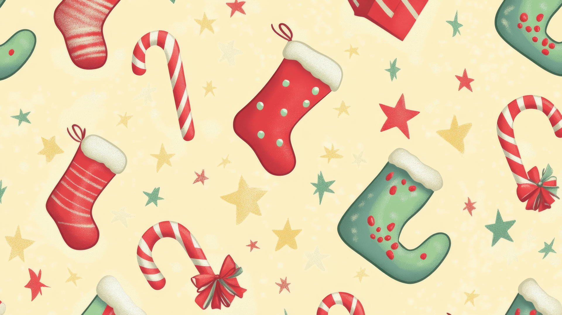 cute Christmas wallpaper preppy with candy canes, stockings, stars on pastel yellow