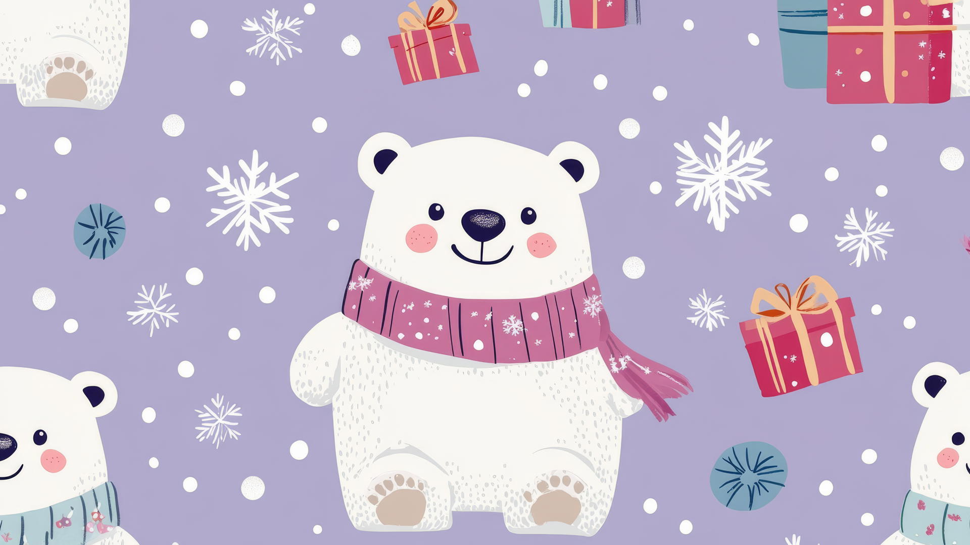 Cute Christmas wallpaper preppy featuring polar bears, snowflakes, and presents on light purple background.