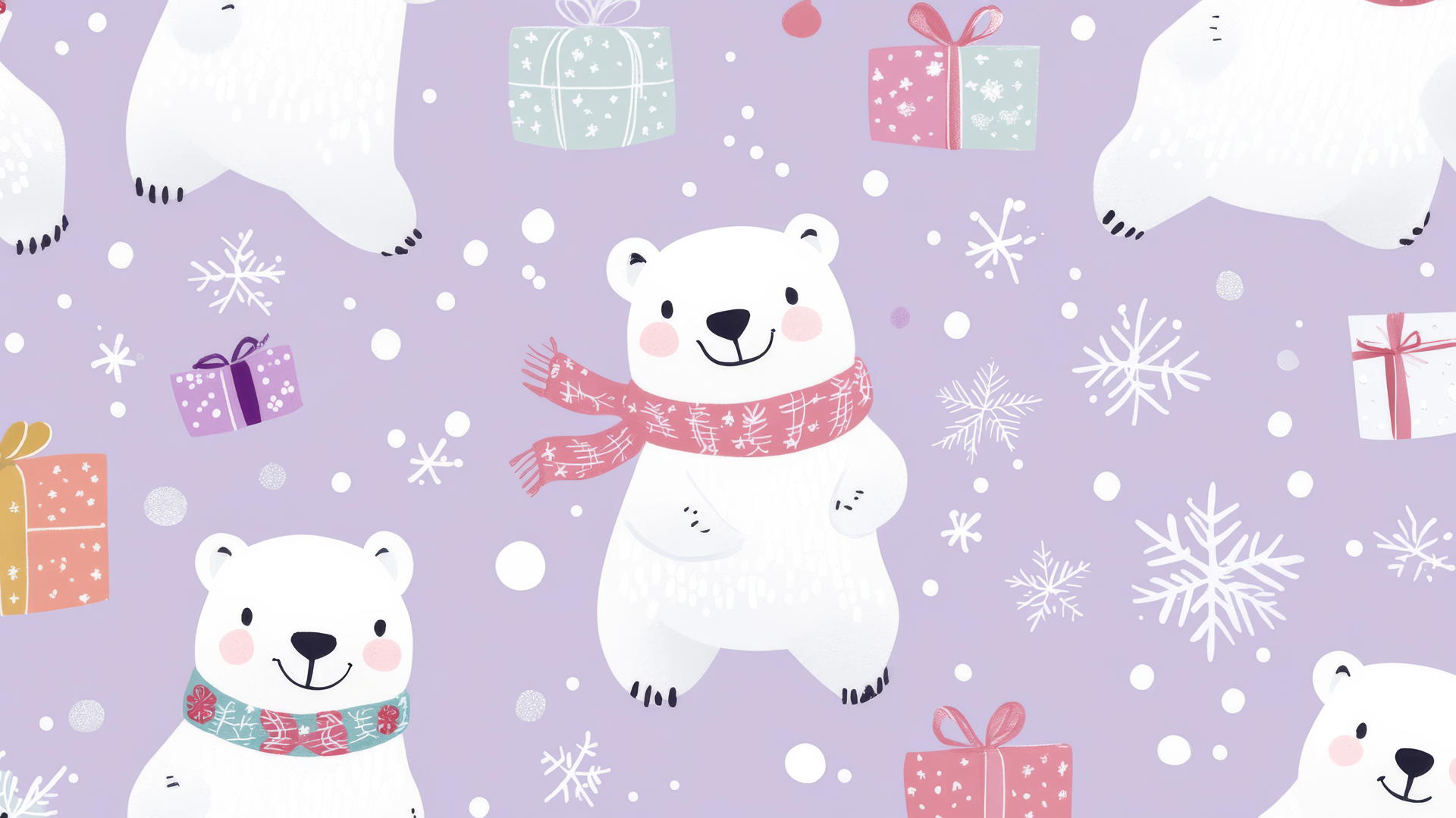 cute Christmas wallpaper preppy with playful polar bears, scarves, snowflakes, and presents on light purple