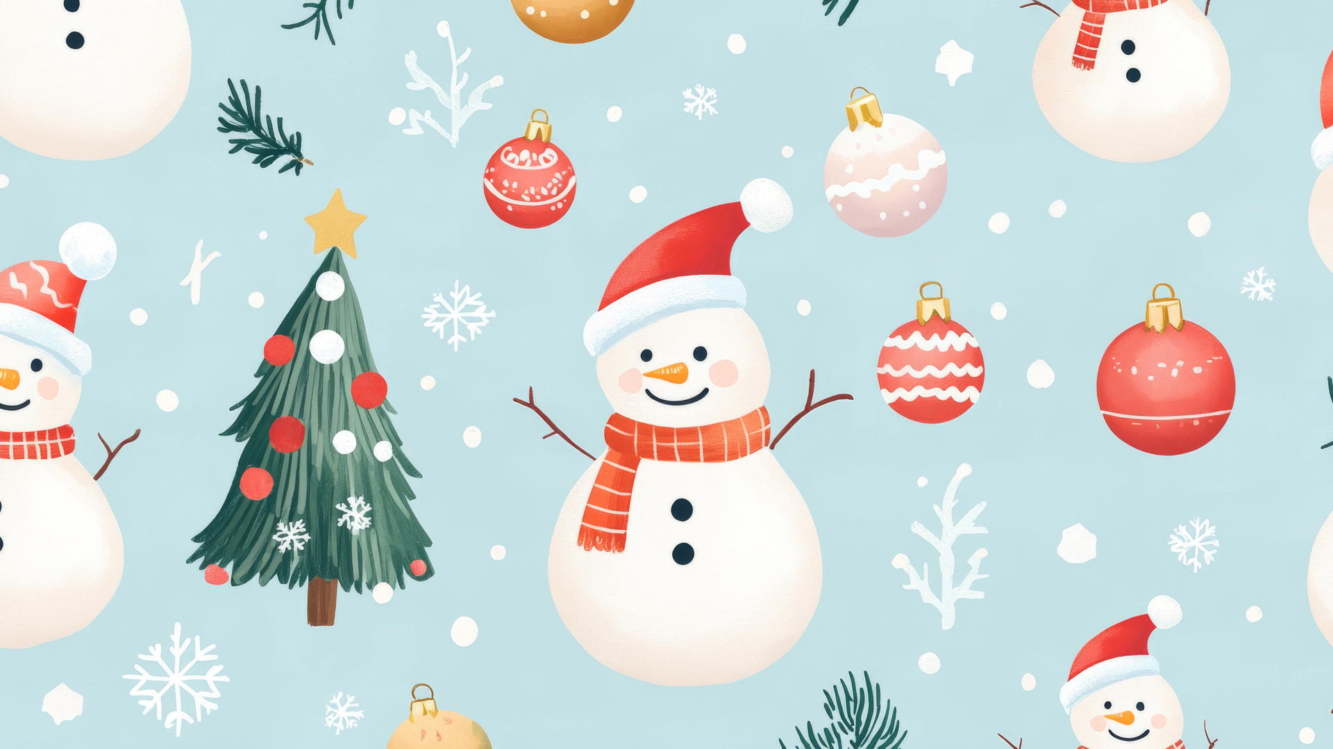 cute Christmas wallpaper preppy with snowmen, trees, and ornaments in a seamless playful pattern