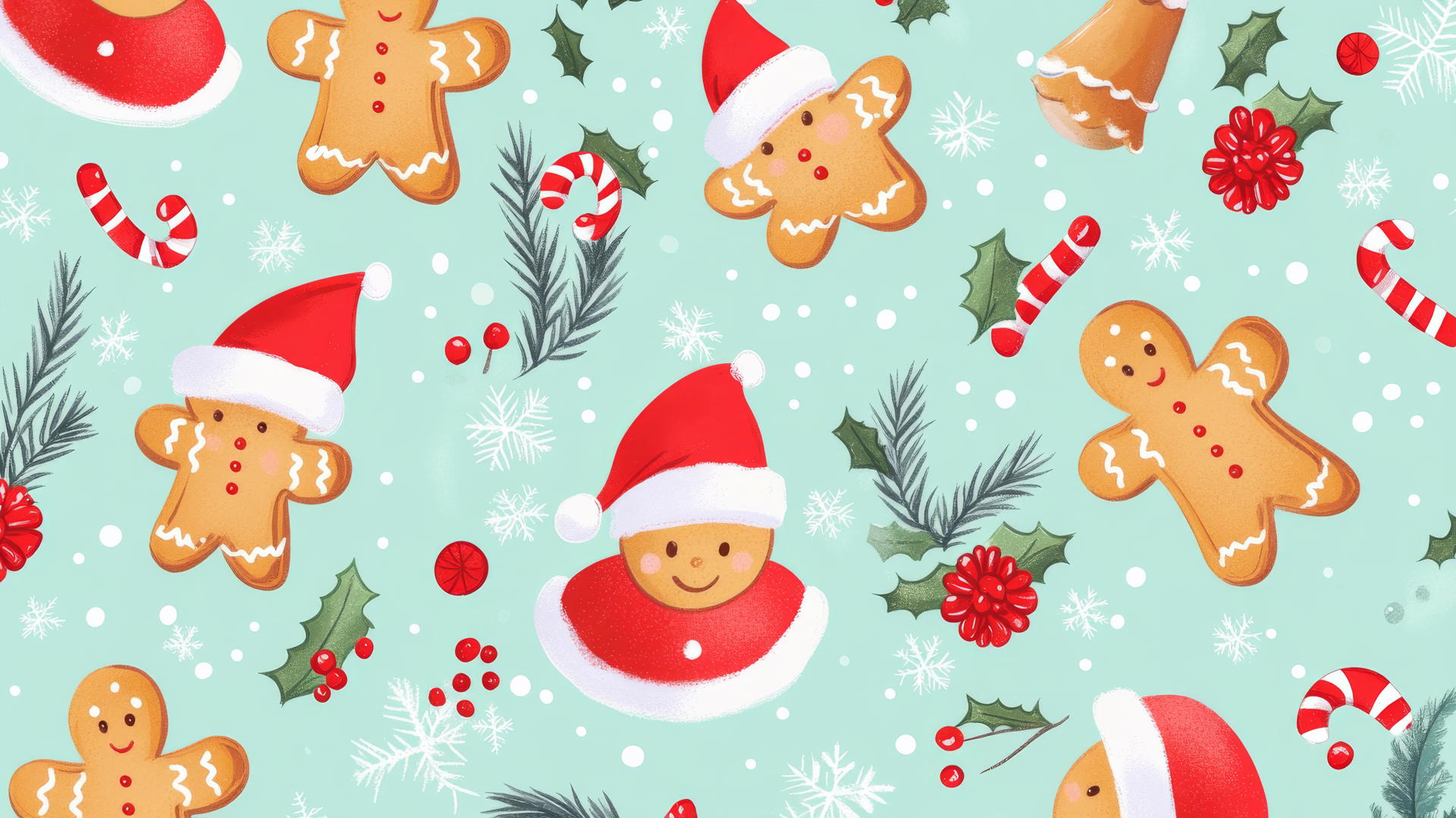Cute Christmas wallpaper preppy with gingerbread cookies, Santa hats, and holly berries