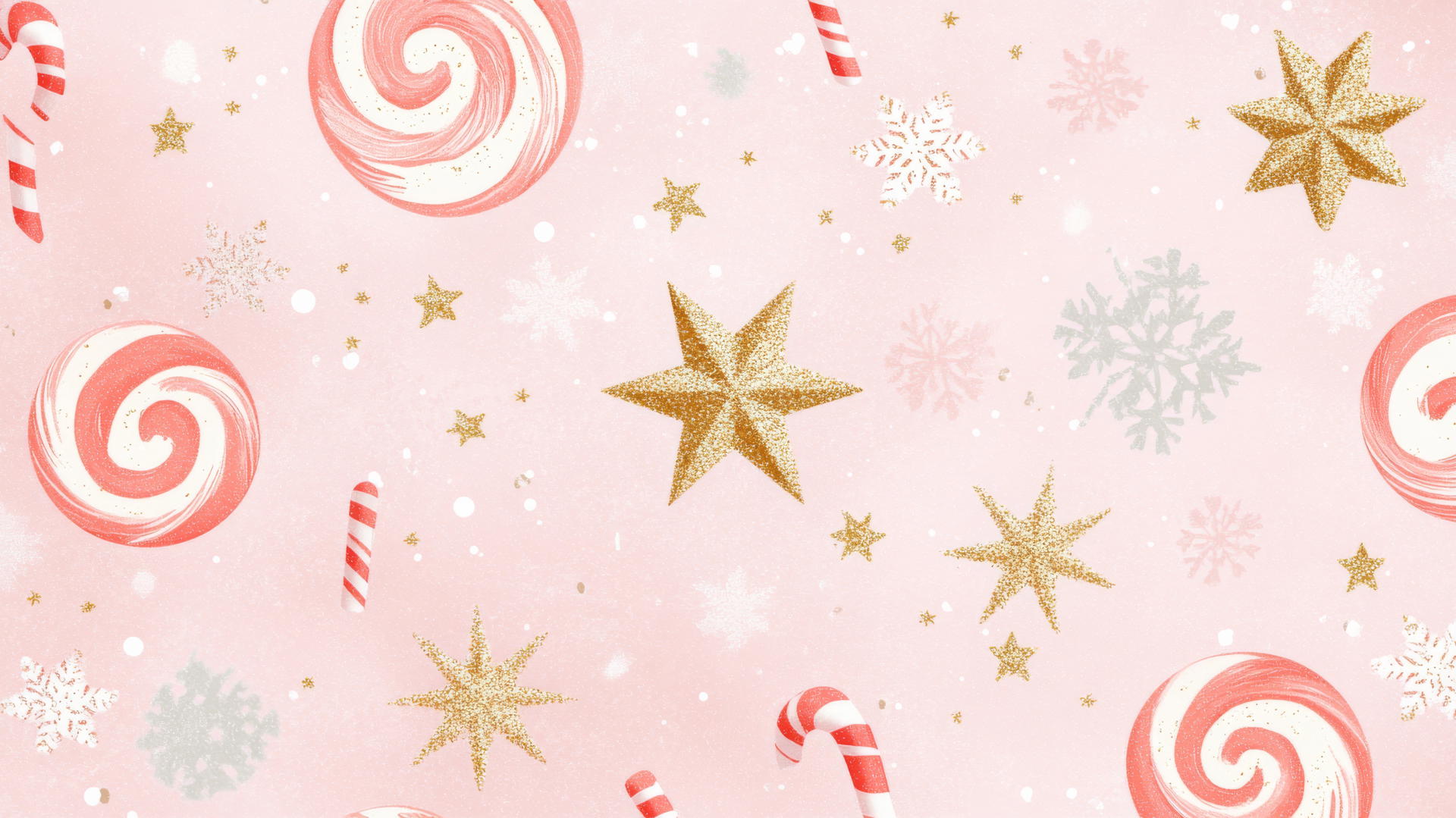 preppy wallpaper christmas with peppermint swirls, stars, gold glitter, and snowflakes on a soft pink background