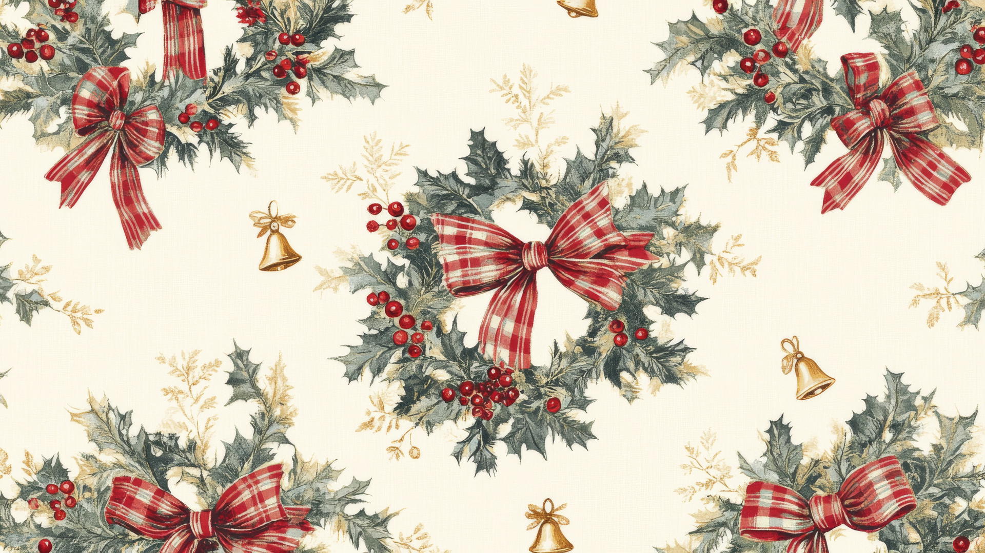 preppy wallpaper christmas with plaid bows, holly wreaths, red berries, stars, and bells