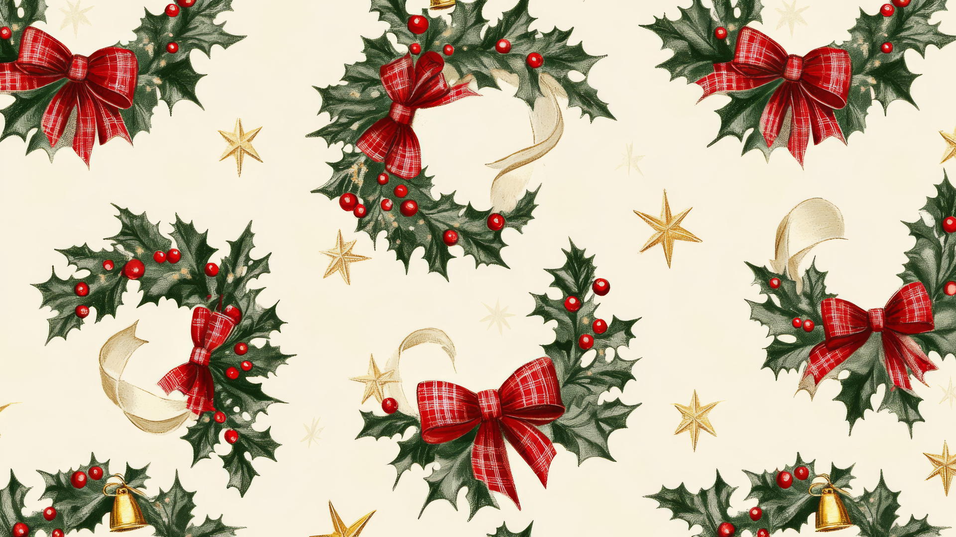 preppy wallpaper christmas with plaid bows, holly wreaths, red berries, gold stars, and bells on a cream background
