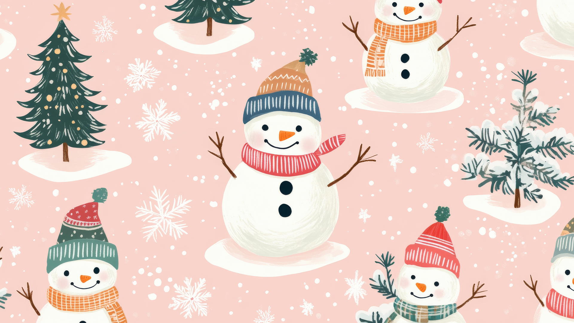 Preppy wallpaper Christmas with playful snowmen in colorful scarves, pastel pink background