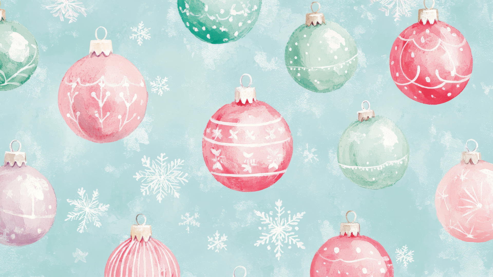 preppy wallpaper christmas with pastel vintage-style ornaments, snowflakes, and tinsel on a light blue background