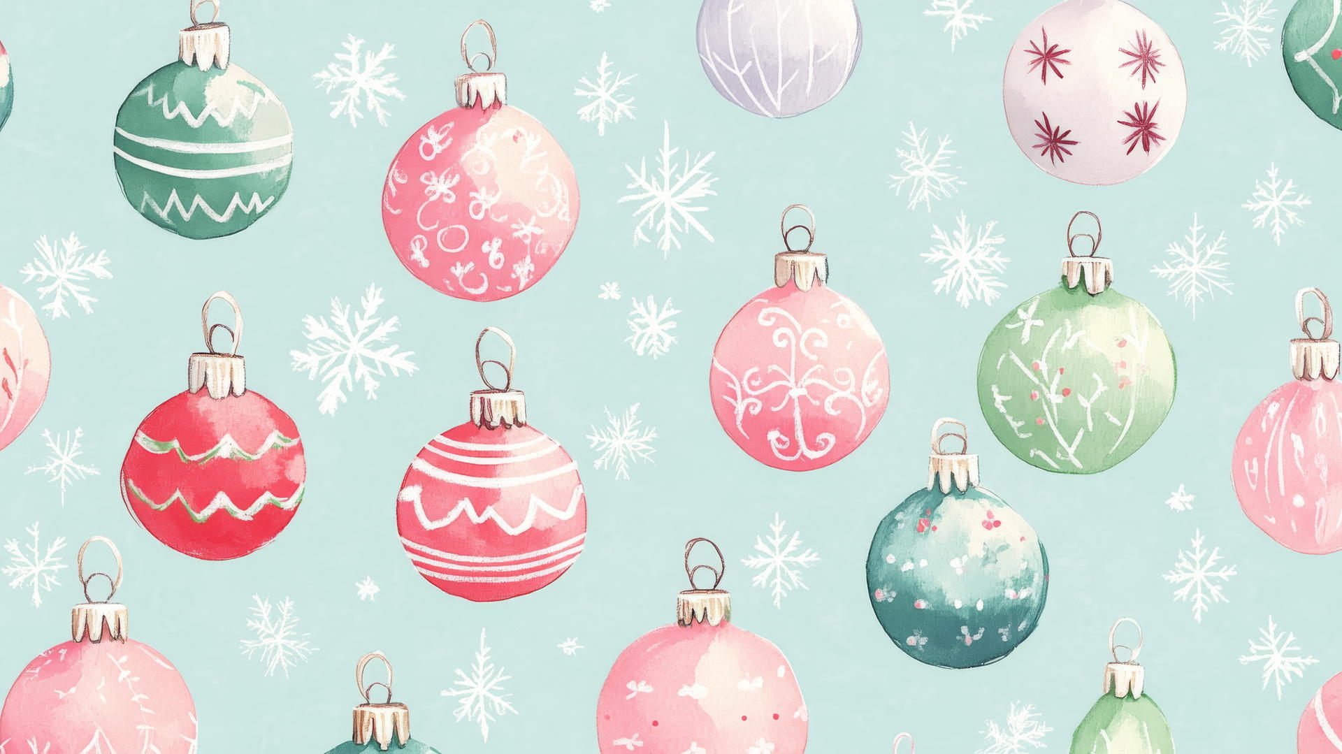 preppy wallpaper christmas with vintage-style pastel ornaments, snowflakes, and tinsel on light blue