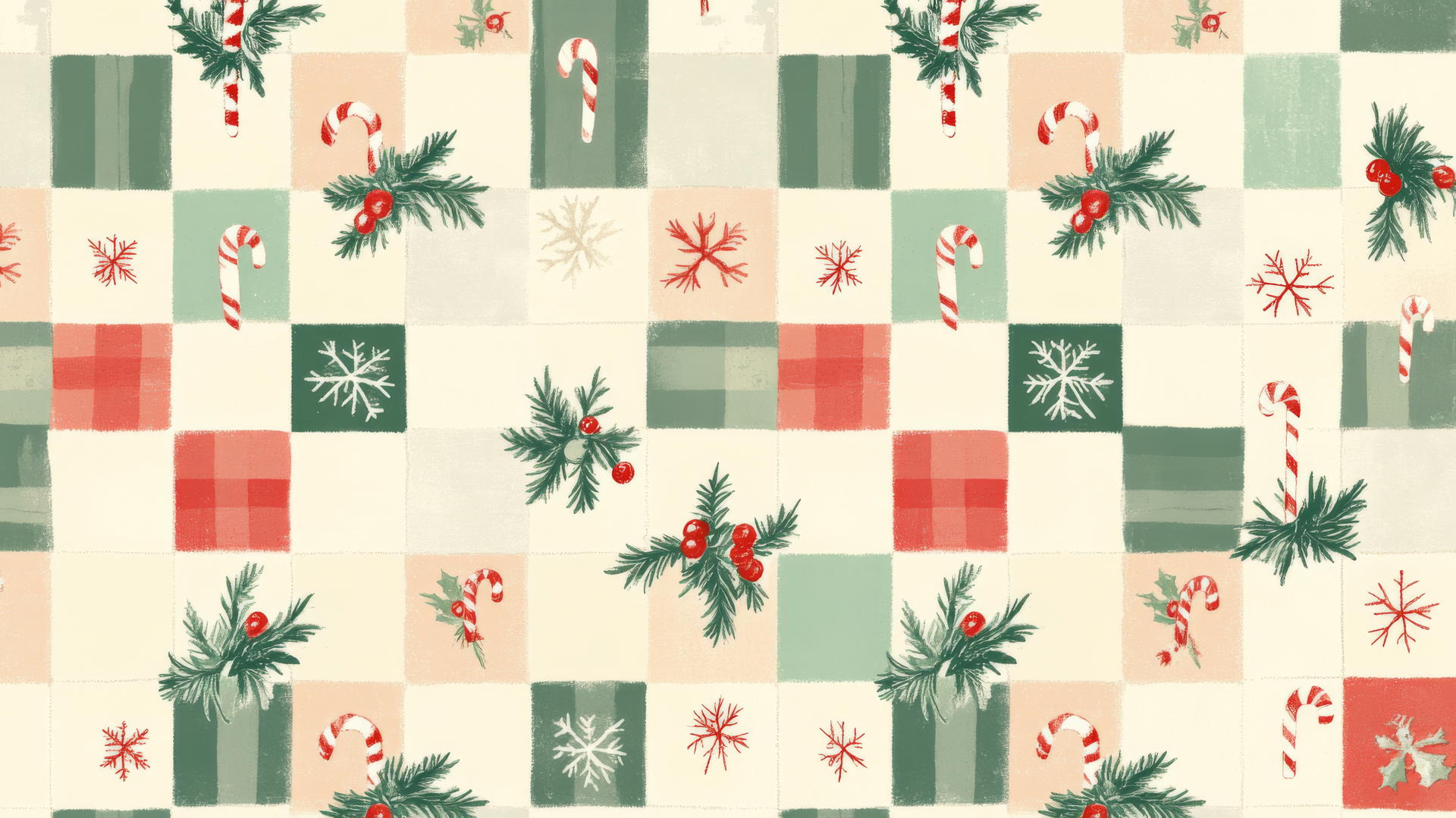 Christmas wallpaper preppy with checkered pattern, candy canes, and snowflakes.