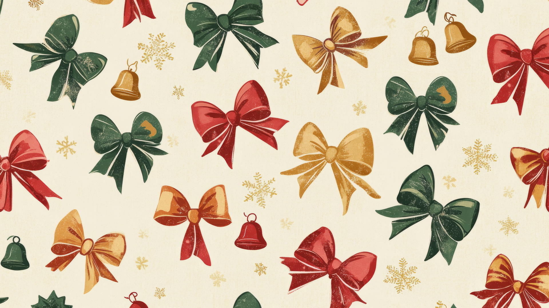 Christmas wallpaper preppy with bows, bells in red, gold, green on cream background