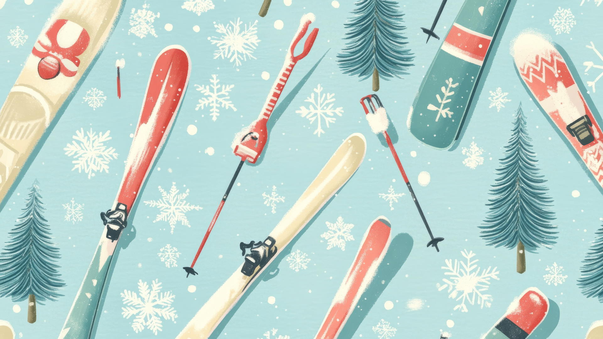 Christmas wallpaper preppy with skiing equipment on a pastel blue background