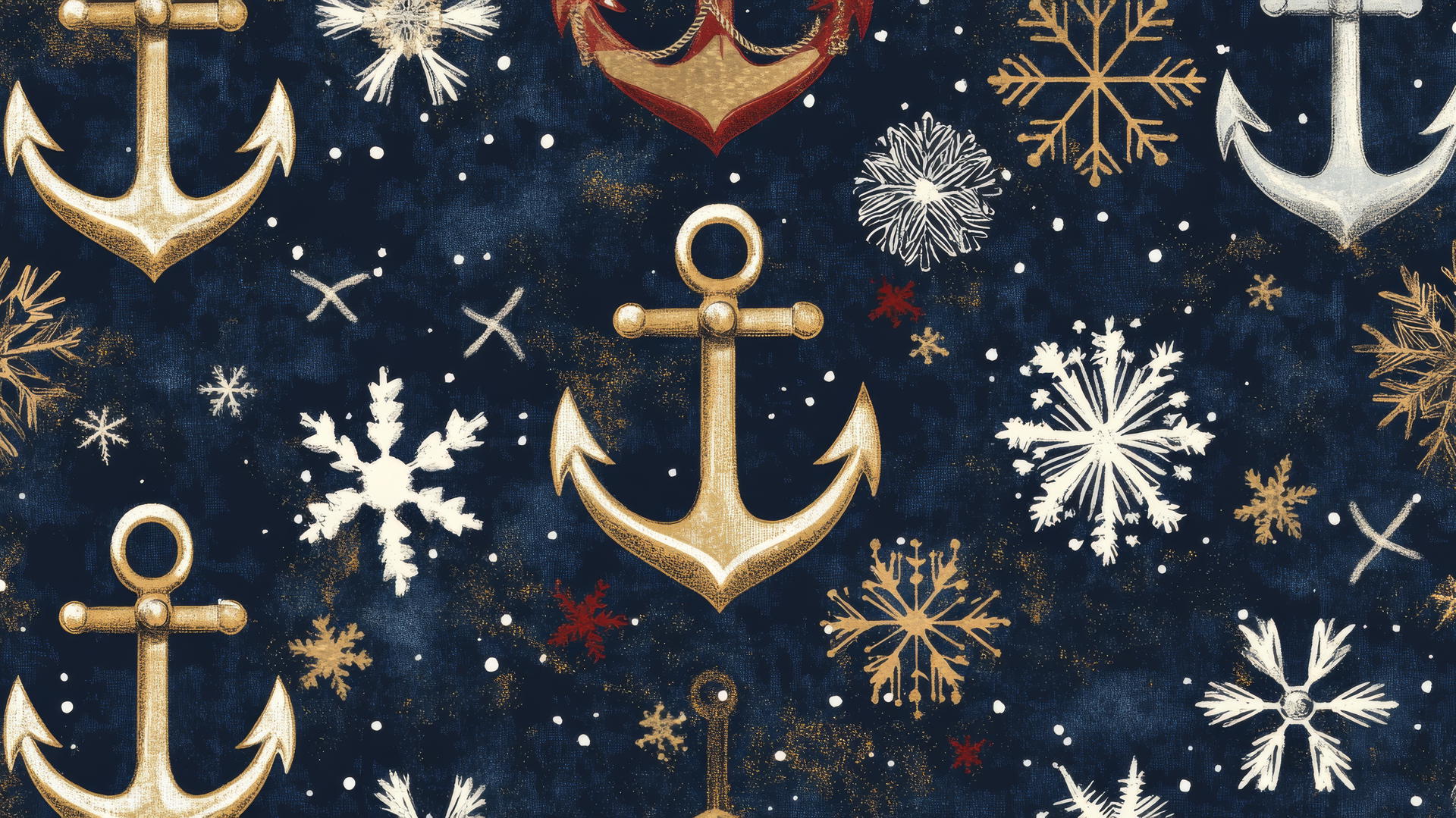 Christmas wallpaper preppy with anchors and snowflakes in navy blue, white, and gold