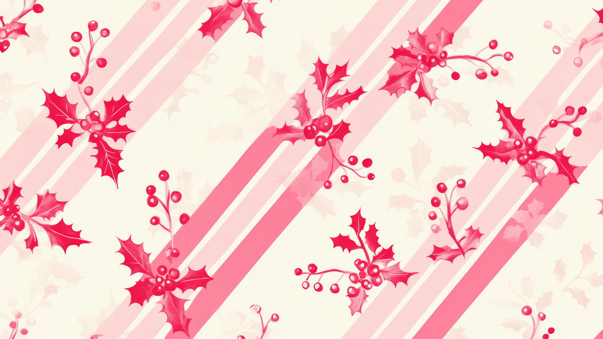 Christmas wallpaper preppy with pink and white candy cane stripes, holly leaves, and berries