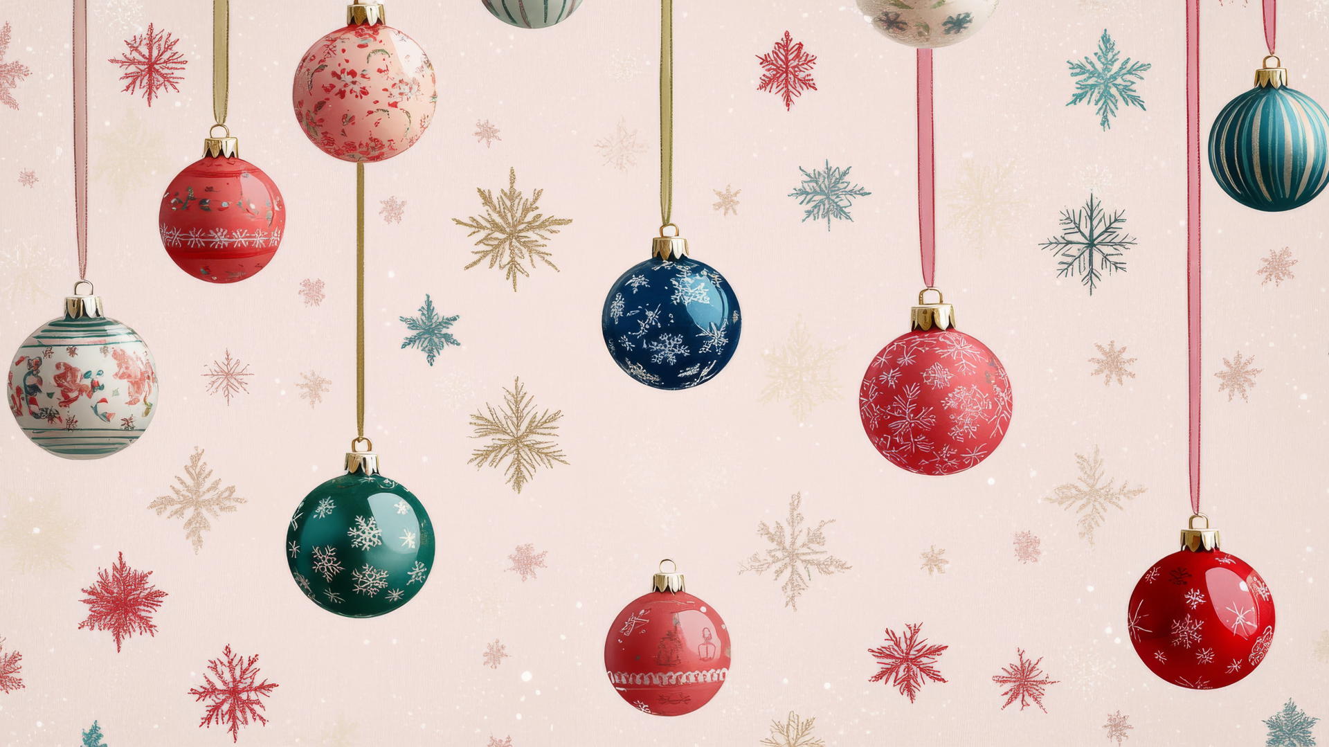 preppy Christmas wallpaper with colorful ornaments and pastel ribbons on soft pink background