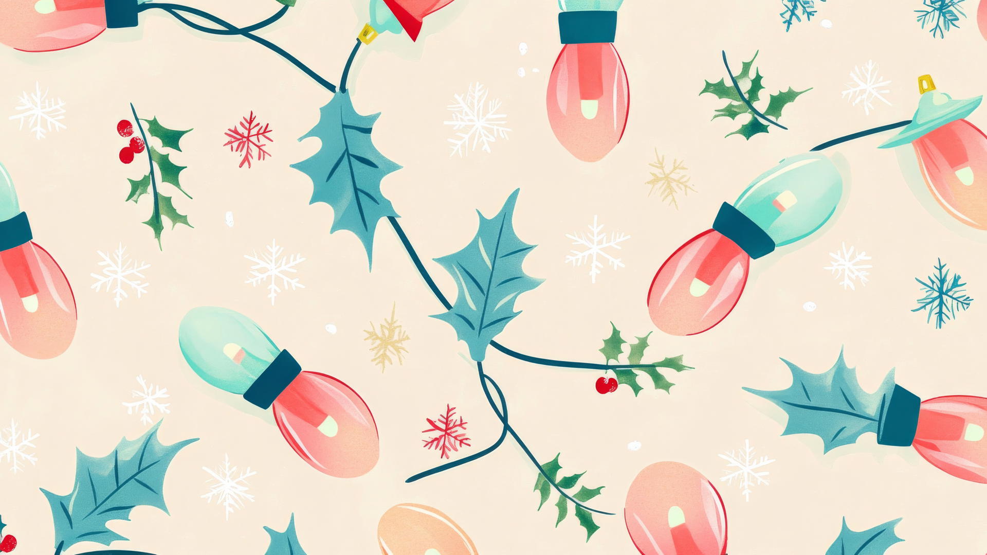 preppy Christmas wallpaper with retro Christmas light bulbs, holly, and snowflakes