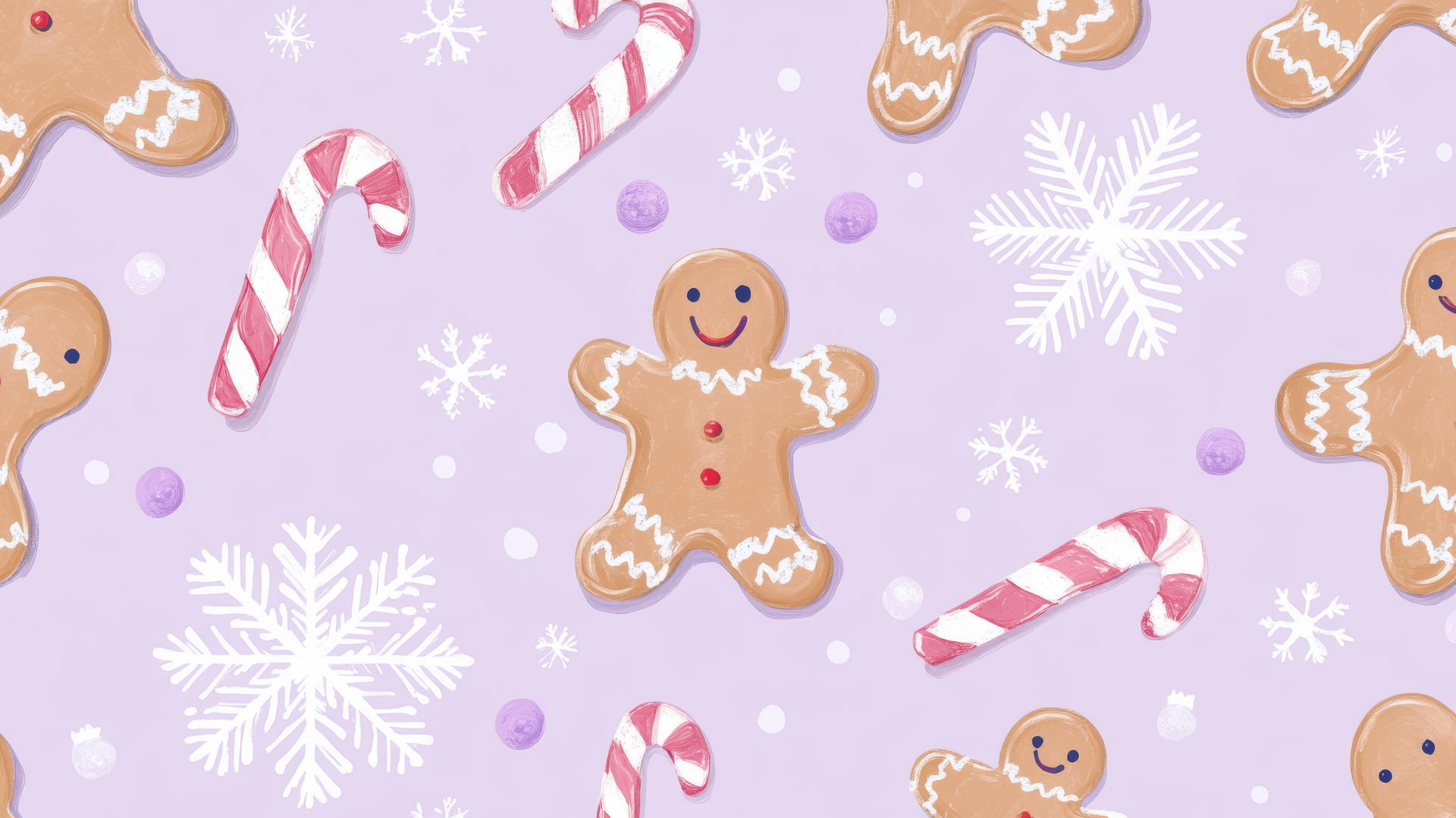 whimsical preppy Christmas wallpaper with gingerbread men, candy canes, and snowflakes