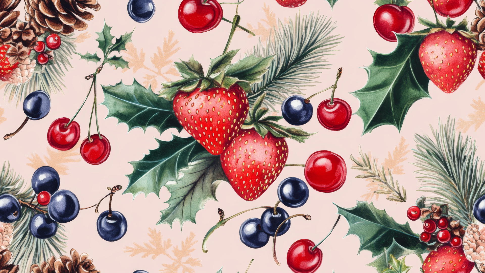 Seamless pattern of strawberries, cherries, pine cones, holly, and mistletoe on pink background
