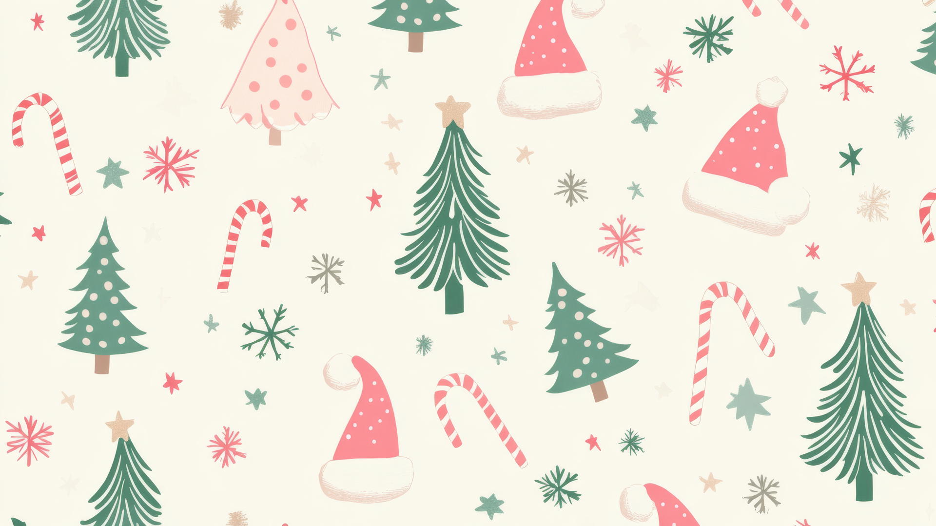 preppy Christmas wallpaper with pastel pink and green Christmas trees, candy canes, snowflakes, Santa hats, and stars on a cream background