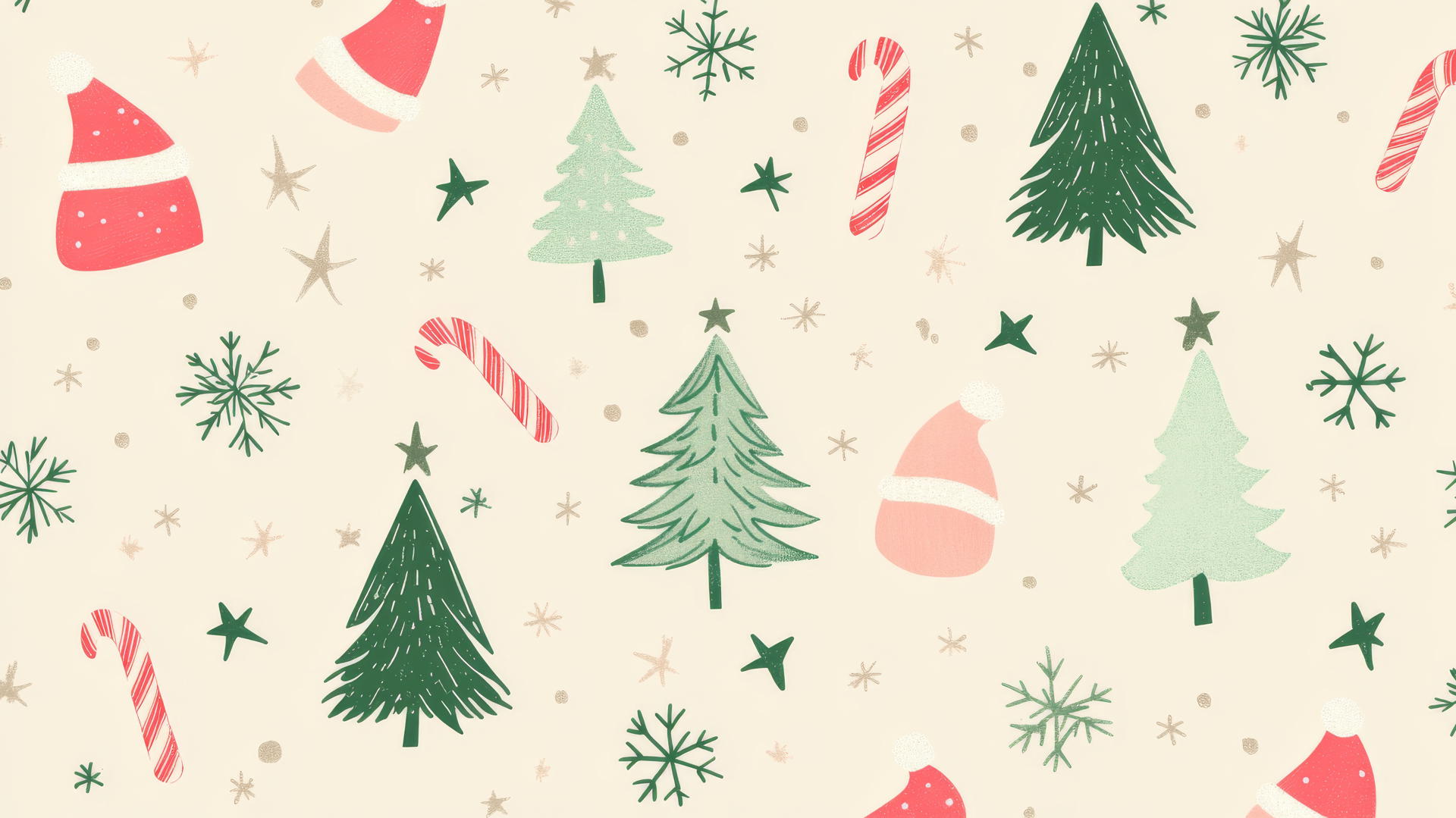 preppy Christmas wallpaper with pastel trees, candy canes, snowflakes, and Santa hats