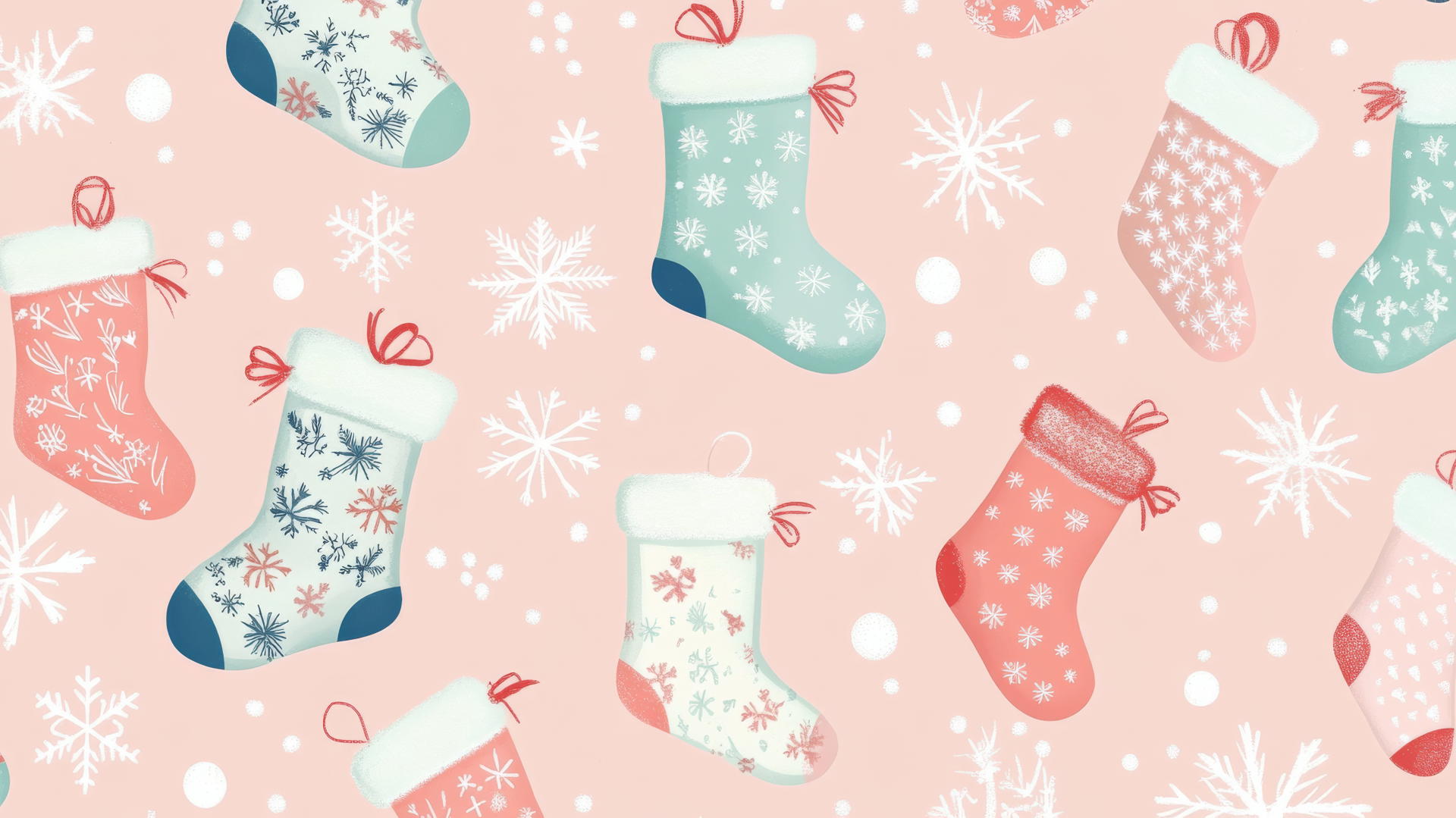 preppy Christmas wallpaper with pastel stockings and snowflakes on a soft pink background
