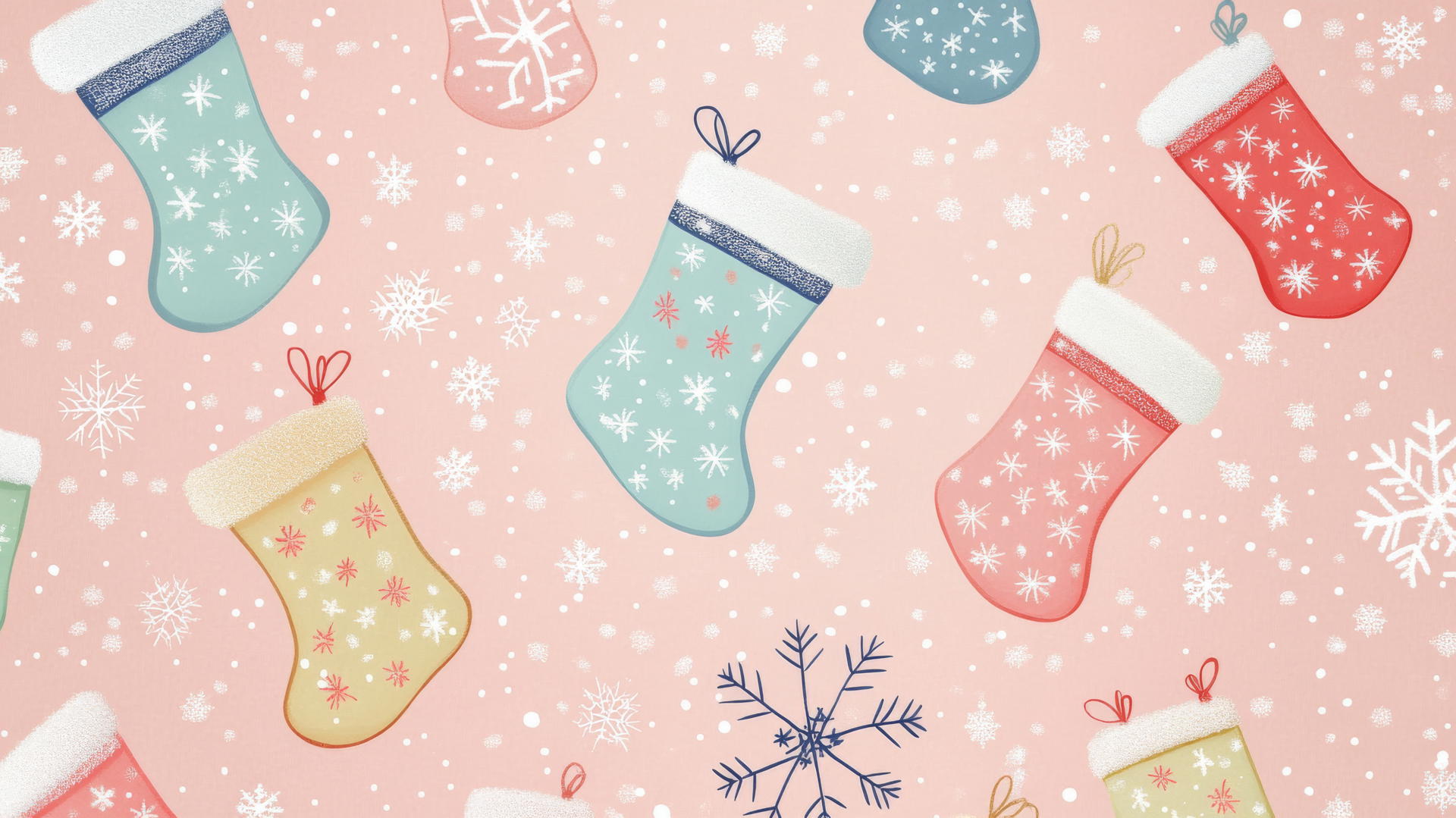 preppy Christmas wallpaper with stockings and snowflakes in pastel colors on soft pink background