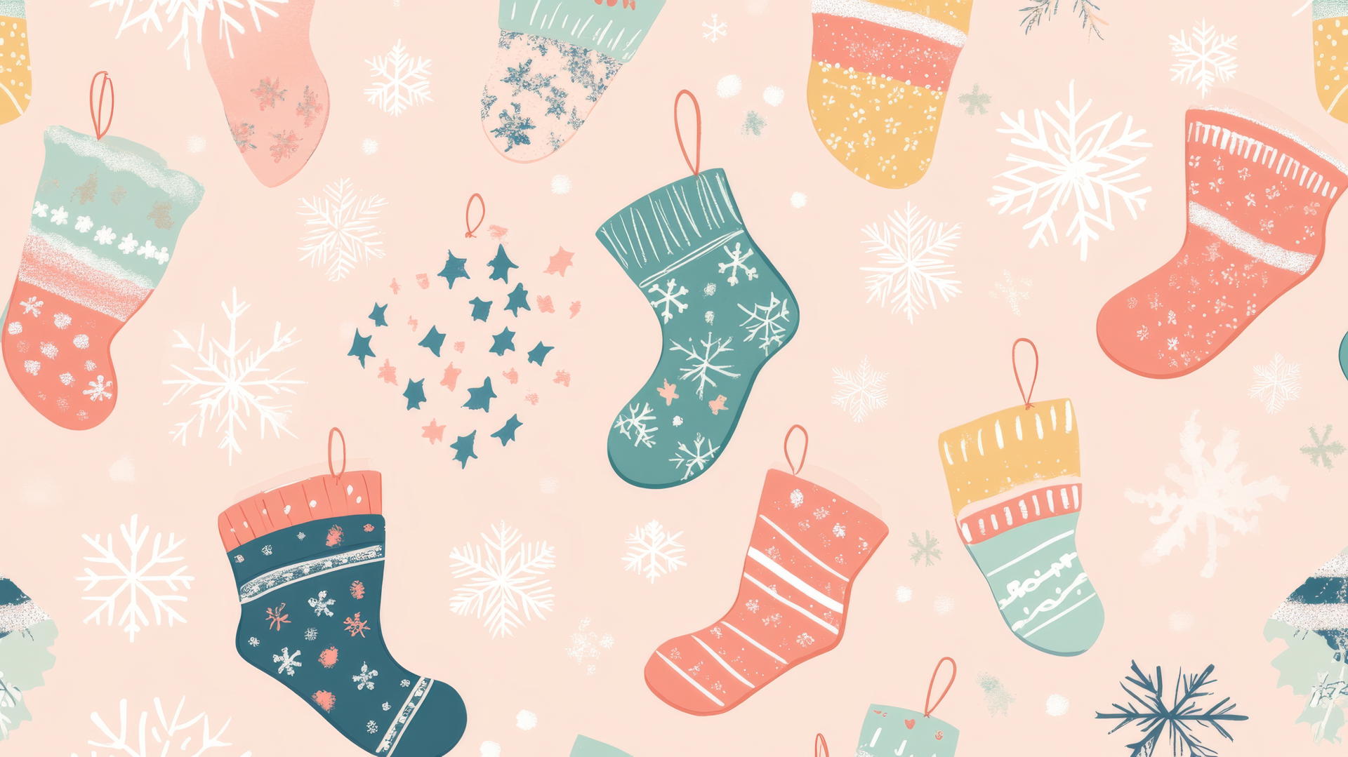 preppy Christmas wallpaper with stockings and snowflakes on soft pink background