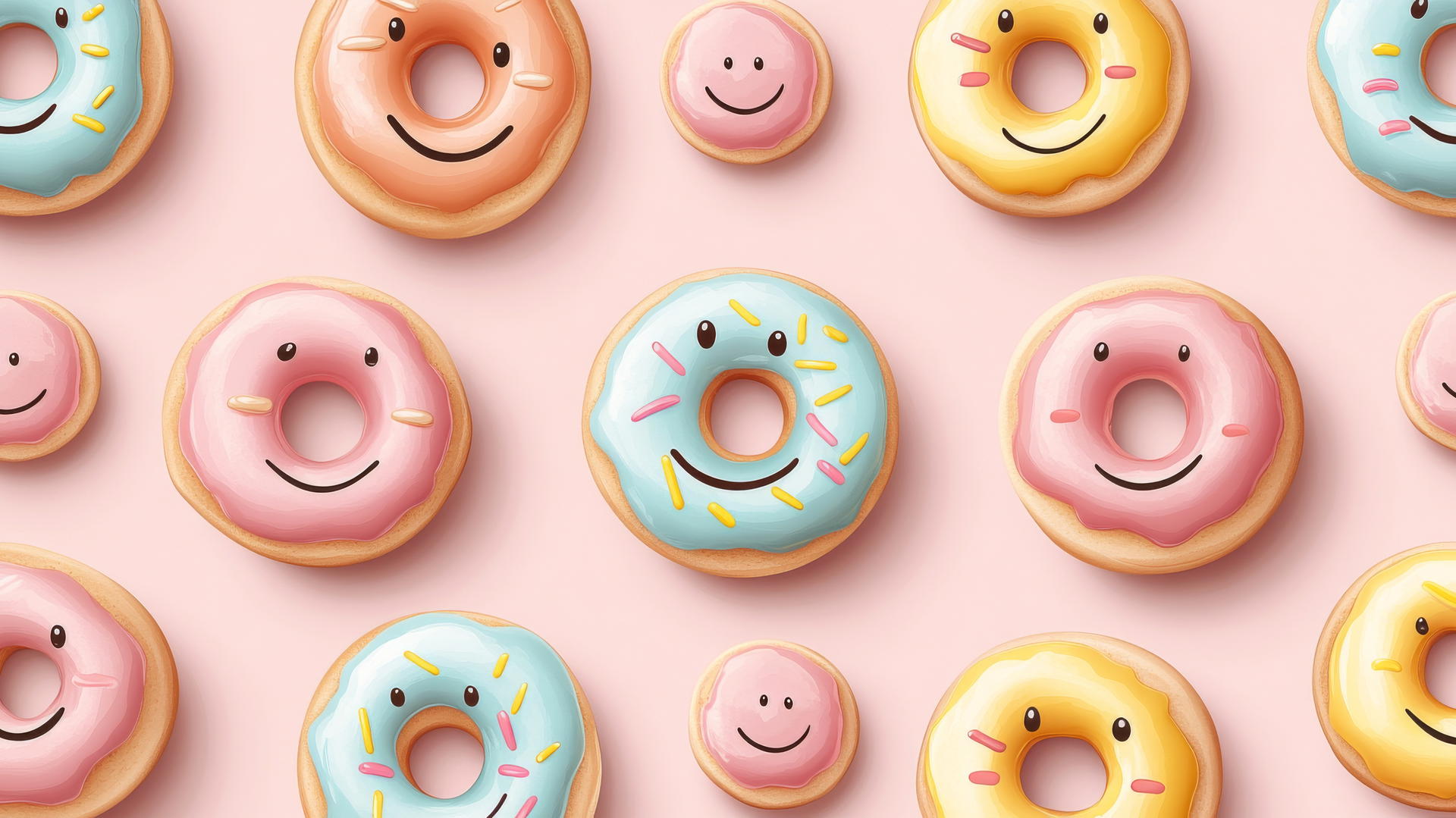 preppy wallpaper of smiley face donuts with colorful glazes on light pink background