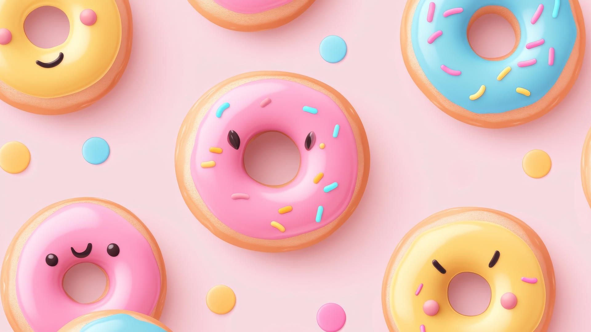 preppy wallpaper with smiley face donuts and colorful glazes on light pink background