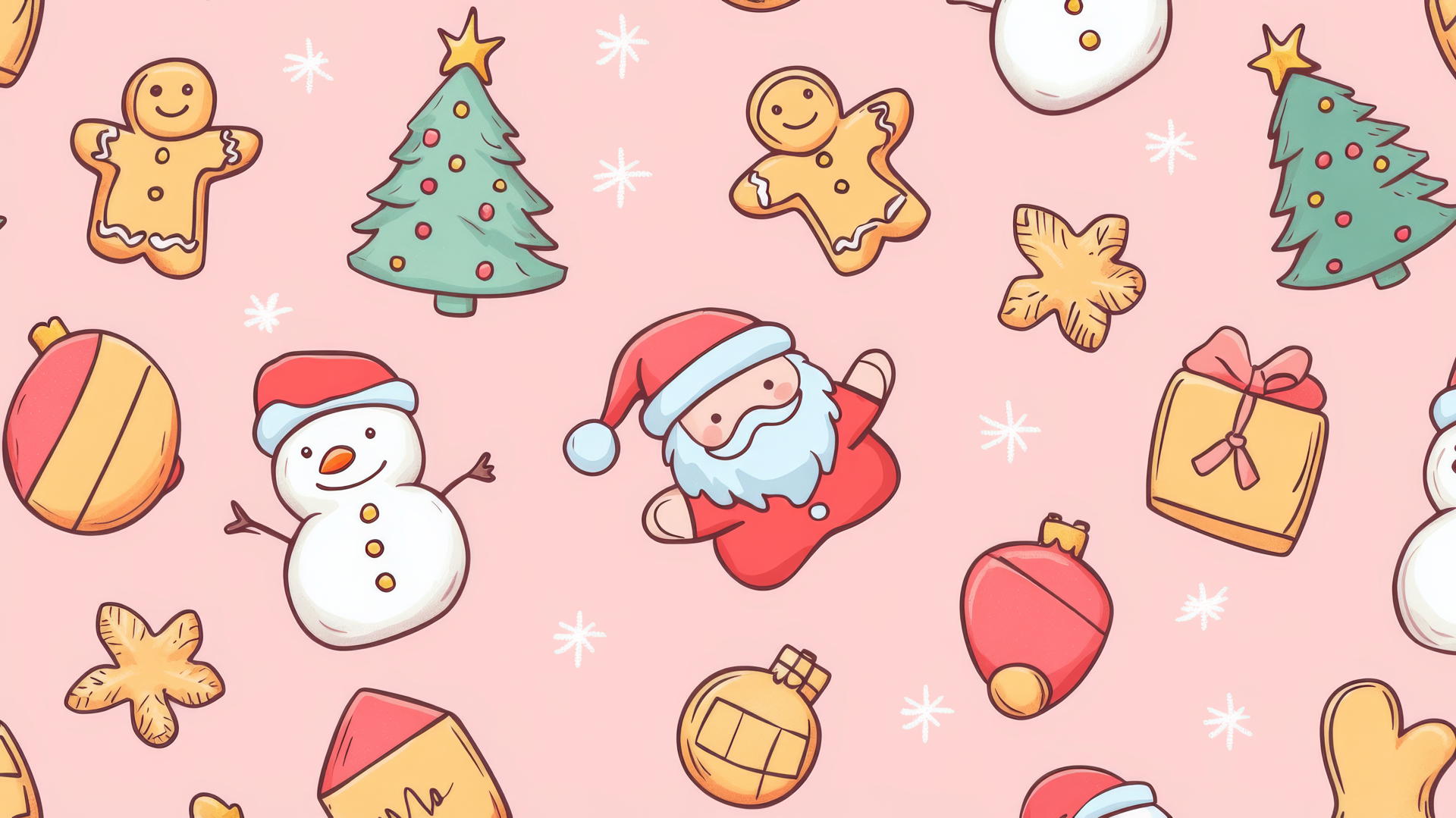 preppy wallpaper with gingerbread cookies, Santa Claus, snowmen, and Christmas trees on pastel pink