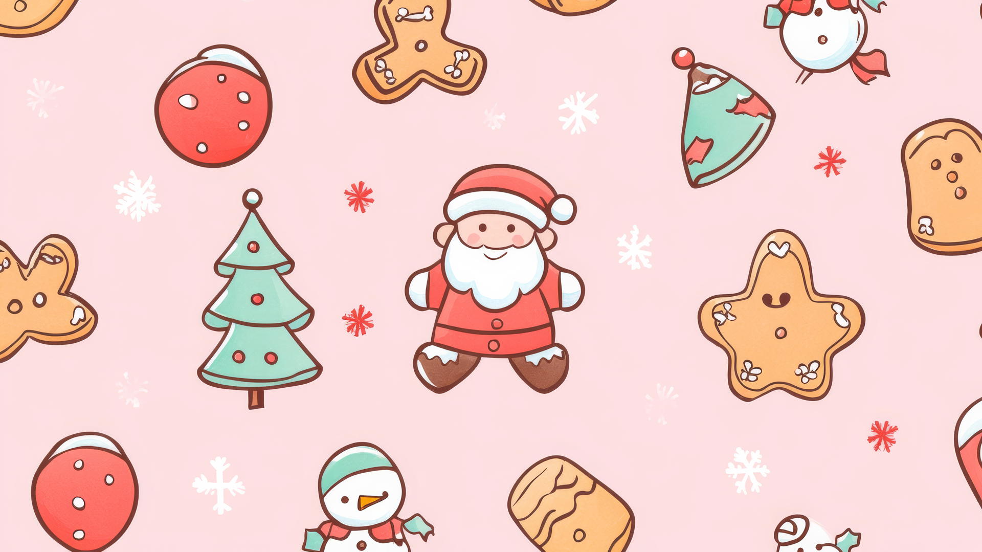 Preppy wallpaper with gingerbread cookies, Santa Claus, snowmen, and Christmas trees on pastel pink background