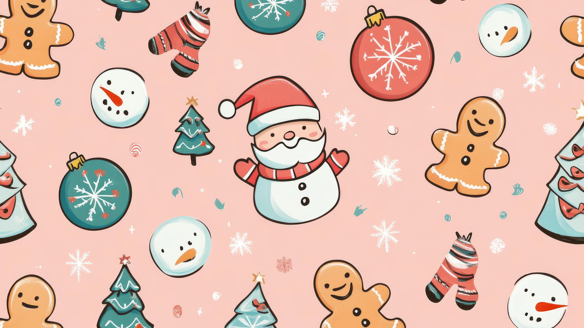 Cheerful preppy wallpaper with gingerbread cookies, Santa Claus, snowmen, and Christmas trees on a pastel pink background