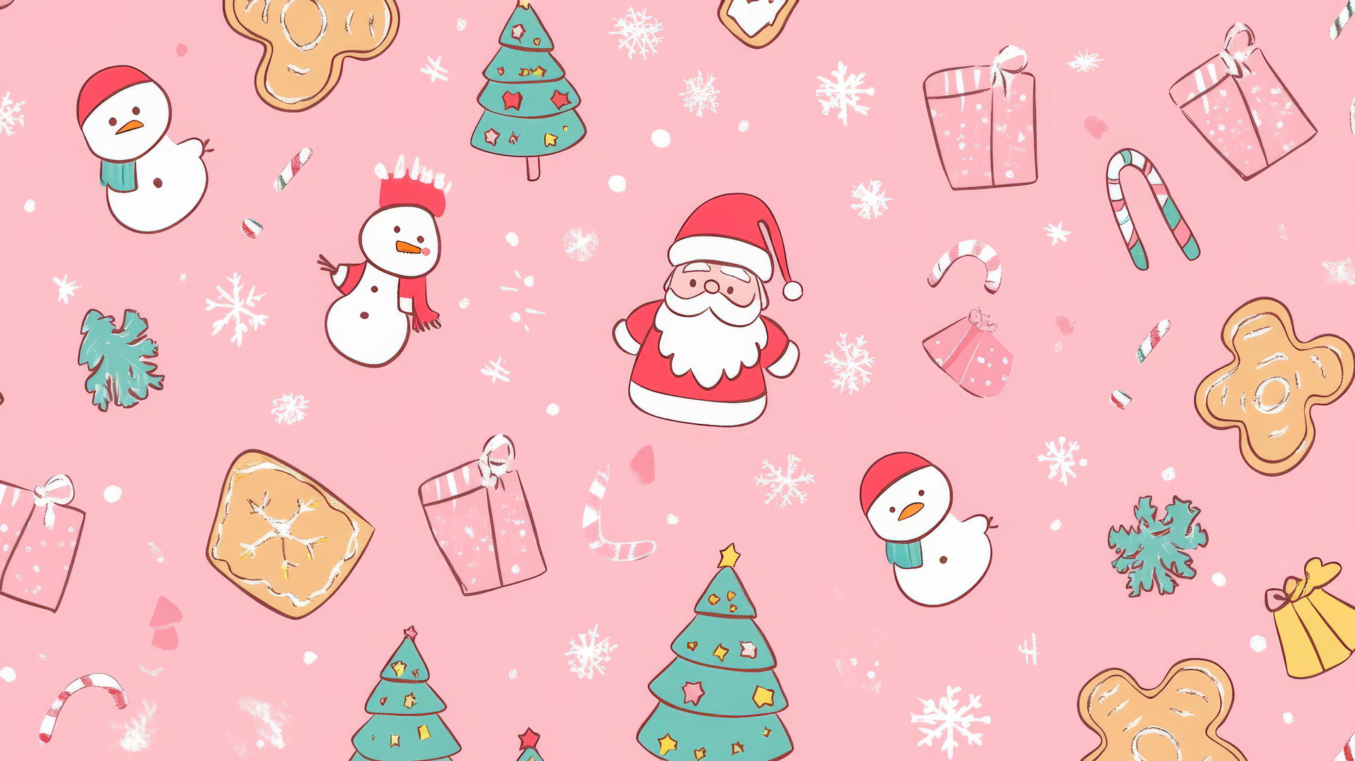 cute Christmas pattern with gingerbread cookies, Santa Claus, snowmen, and Christmas trees on pastel pink background, preppy wallpaper