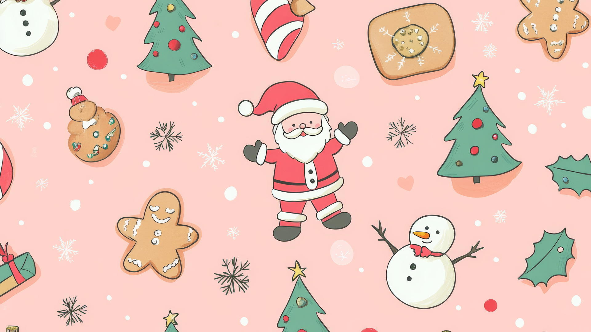 preppy wallpaper with gingerbread cookies, Santa Claus, snowmen, and Christmas trees on pastel pink