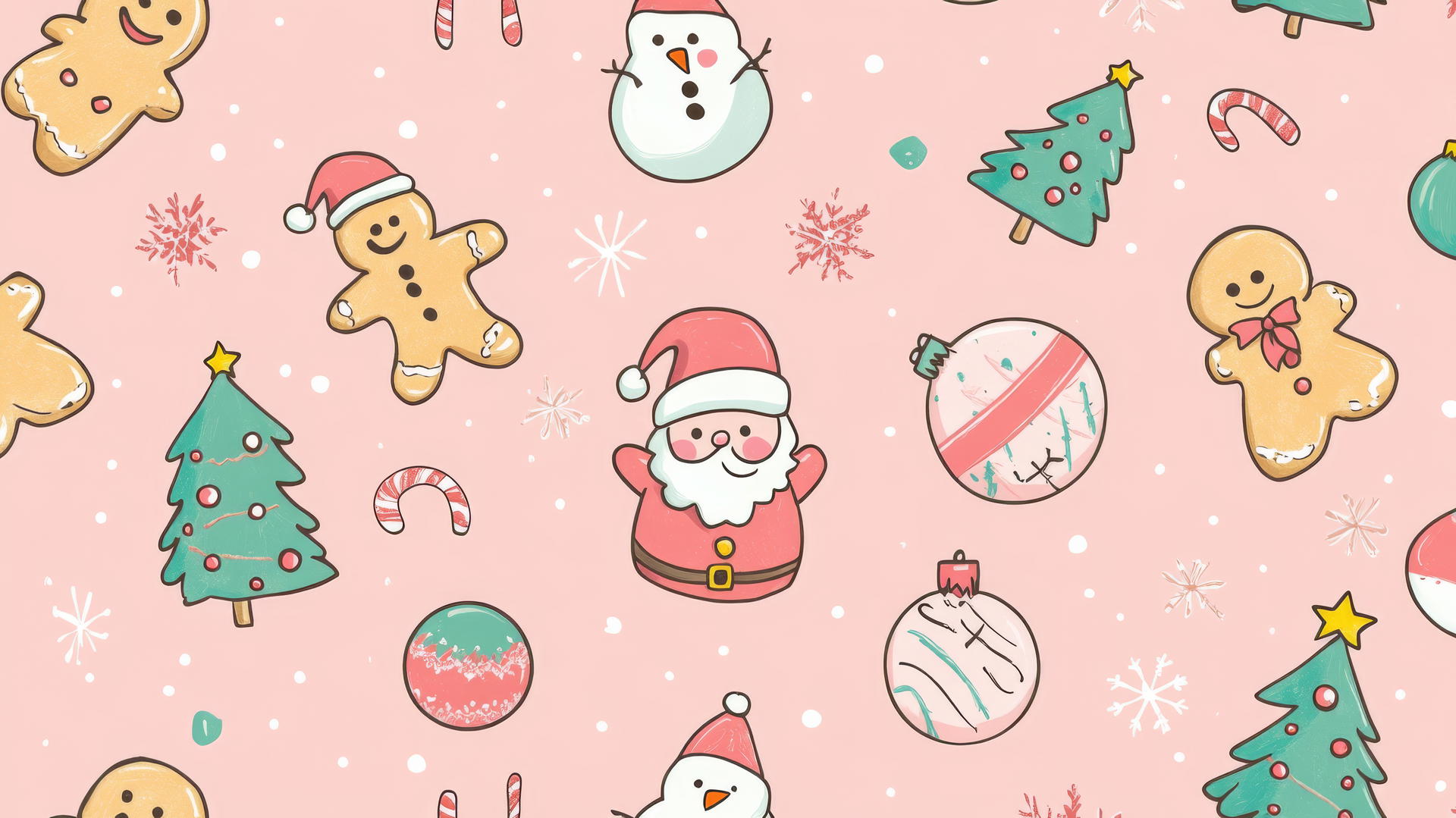 Preppy wallpaper with gingerbread cookies, Santa Claus, snowmen, and Christmas trees on pastel pink