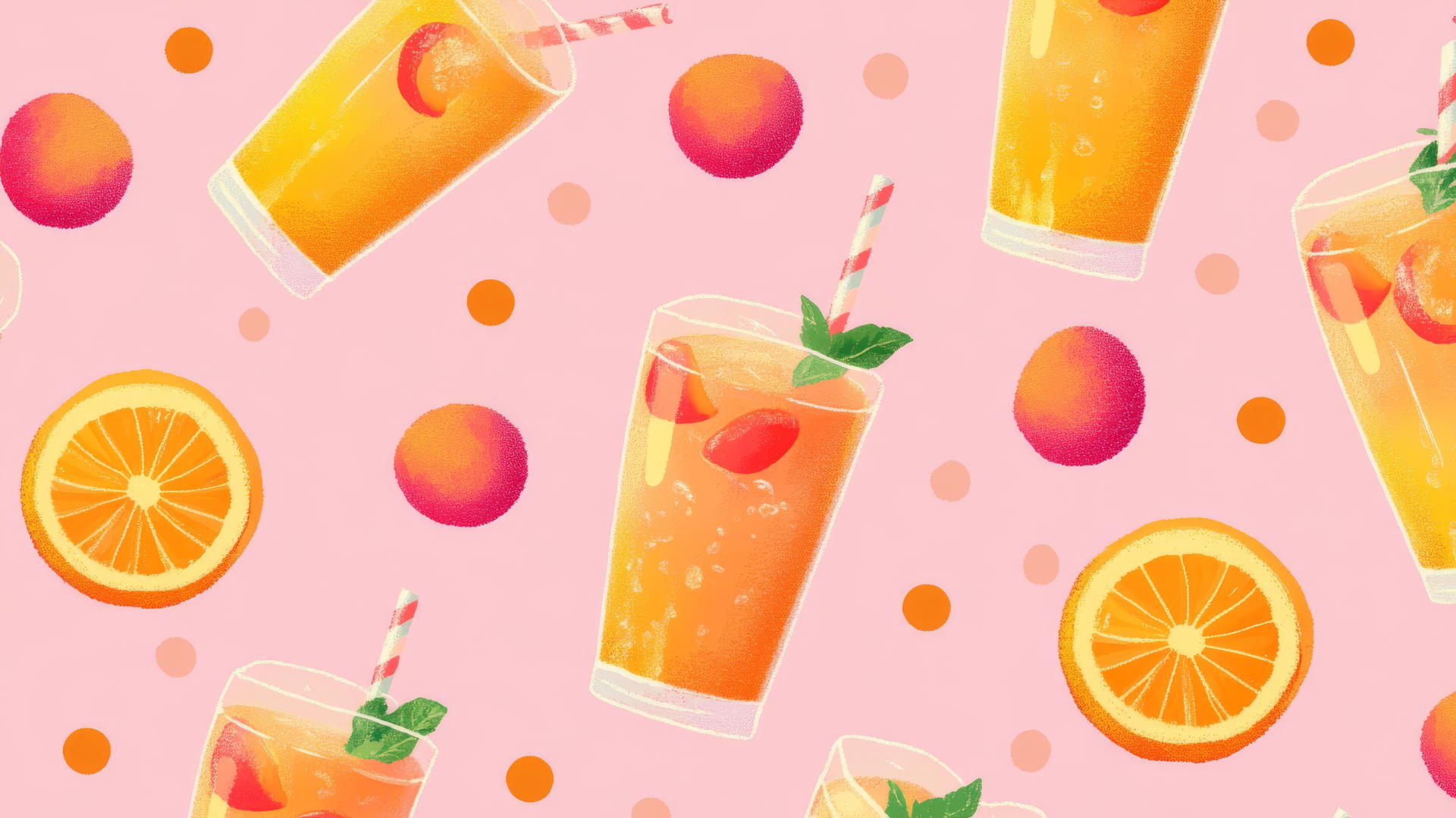 preppy wallpaper with 8-bit pixel art of orange and pink peach juice in glass outlines