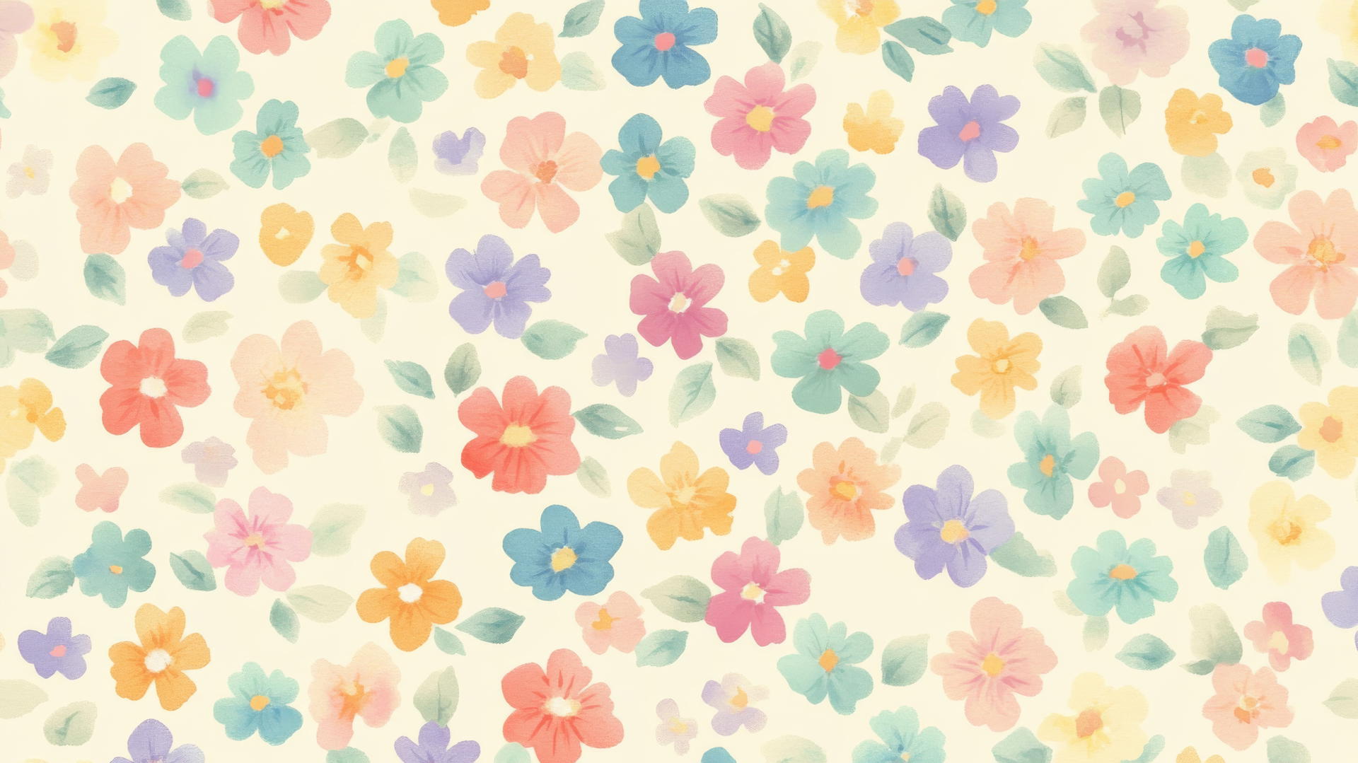 Seamless pattern of small colorful flowers in pastel colors on cream background, preppy wallpaper