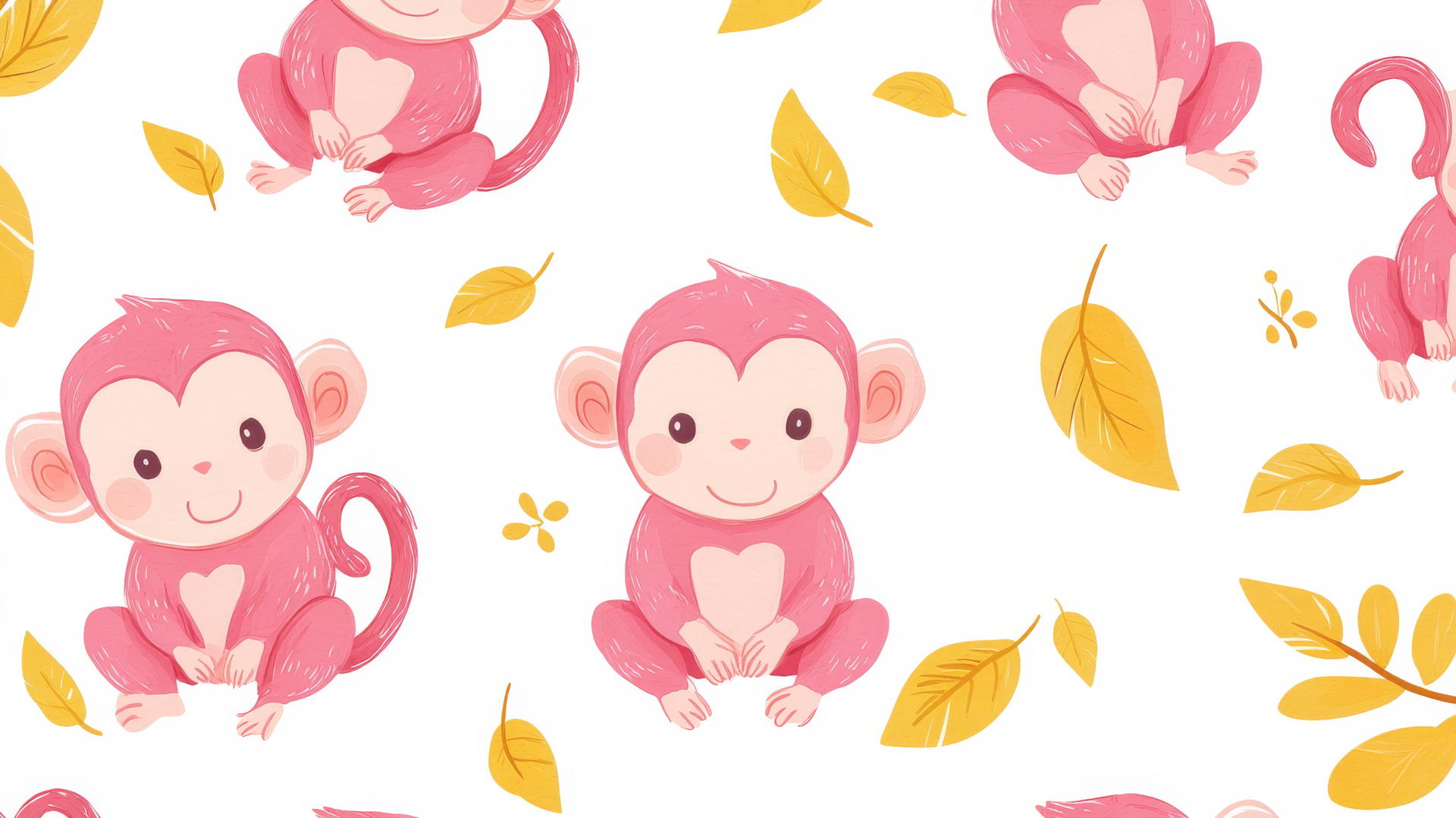 Seamless pattern of pink cartoon monkeys with playful expressions on a white background, preppy wallpaper