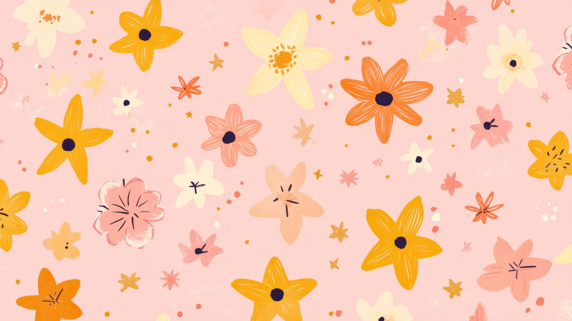 pink preppy wallpaper with hand-drawn stars and flowers in pink, yellow, and orange