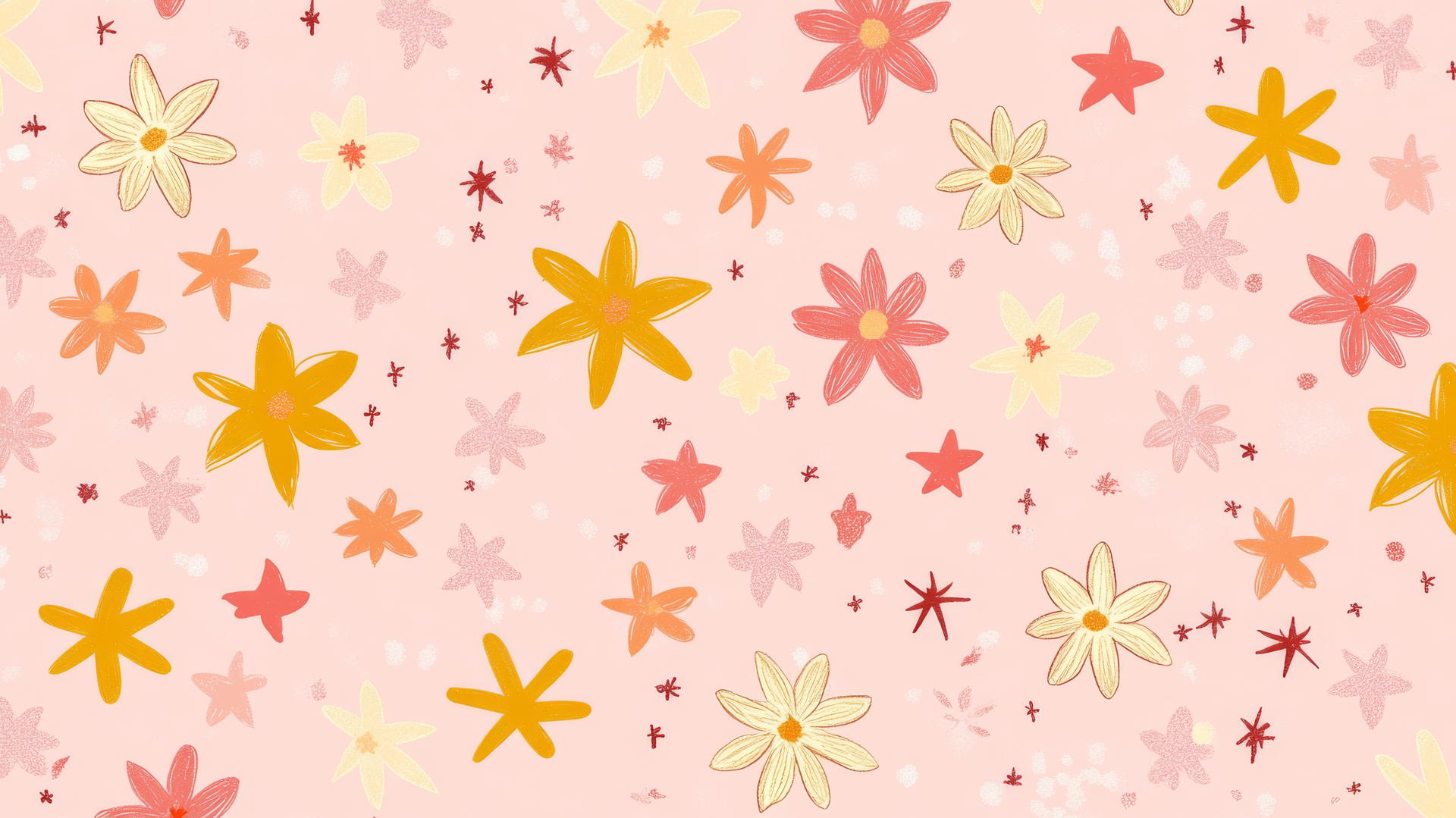 pink preppy wallpaper with hand-drawn stars and flowers in pink, yellow, and orange on pastel pink background
