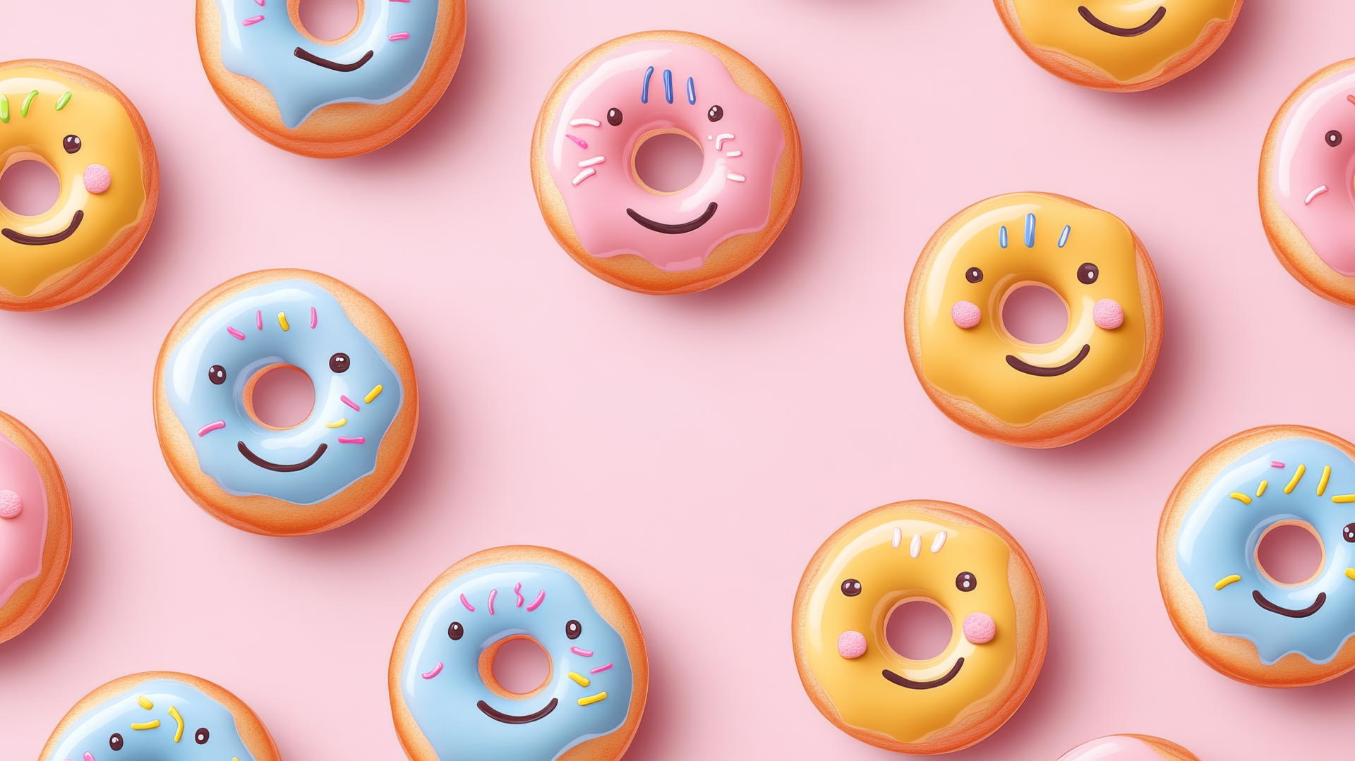 Seamless pattern of smiley face donuts with colorful glazes on a light pink background, preppy wallpaper