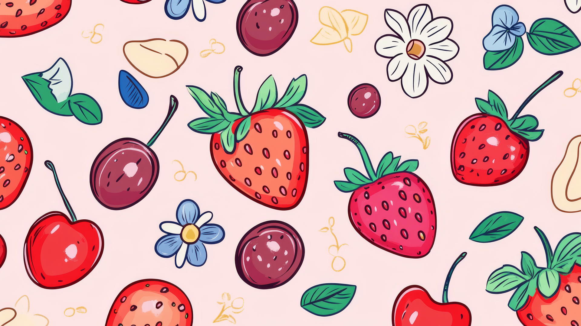 preppy wallpaper with hand-drawn doodles of strawberries, cherries, and flowers on light pink background