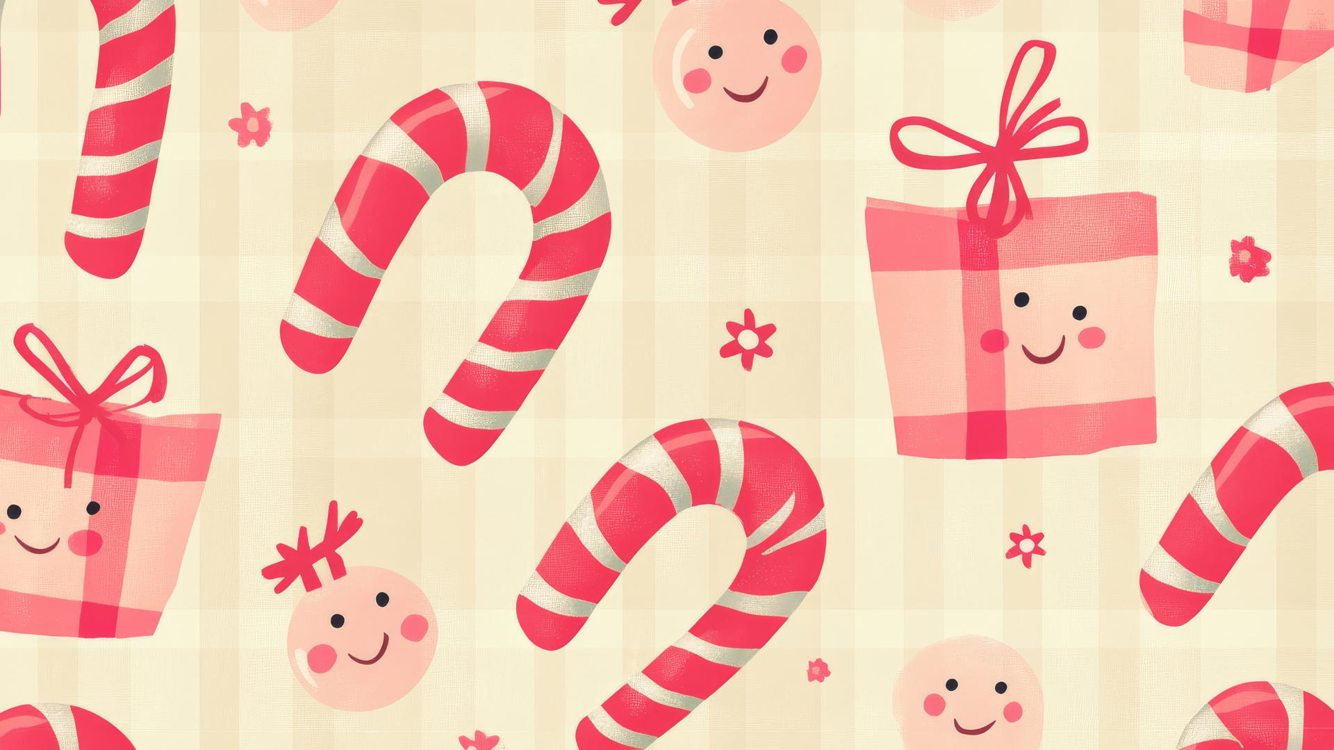 preppy wallpaper with retro Christmas pattern, candy canes, and smiling faces on pastel background