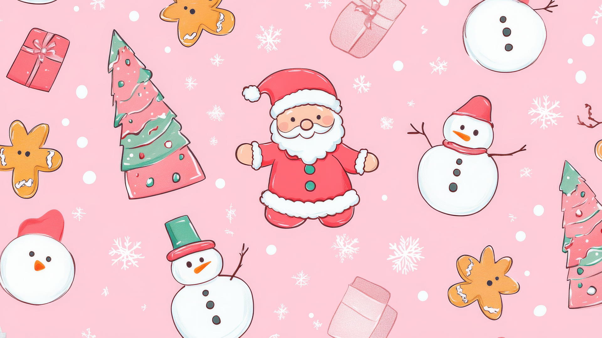 preppy wallpaper with Christmas-themed pattern of Santa, gingerbread cookies, snowmen, and Christmas trees on pastel pink background
