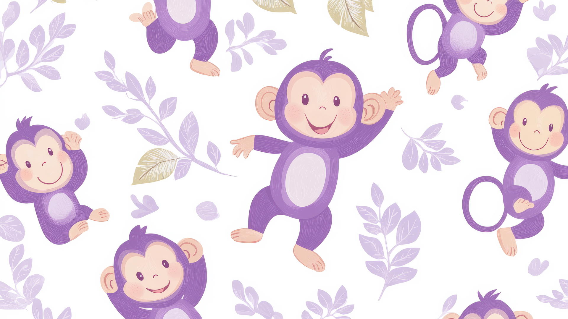 preppy wallpaper with light purple cartoon monkeys dancing with leaves on white background