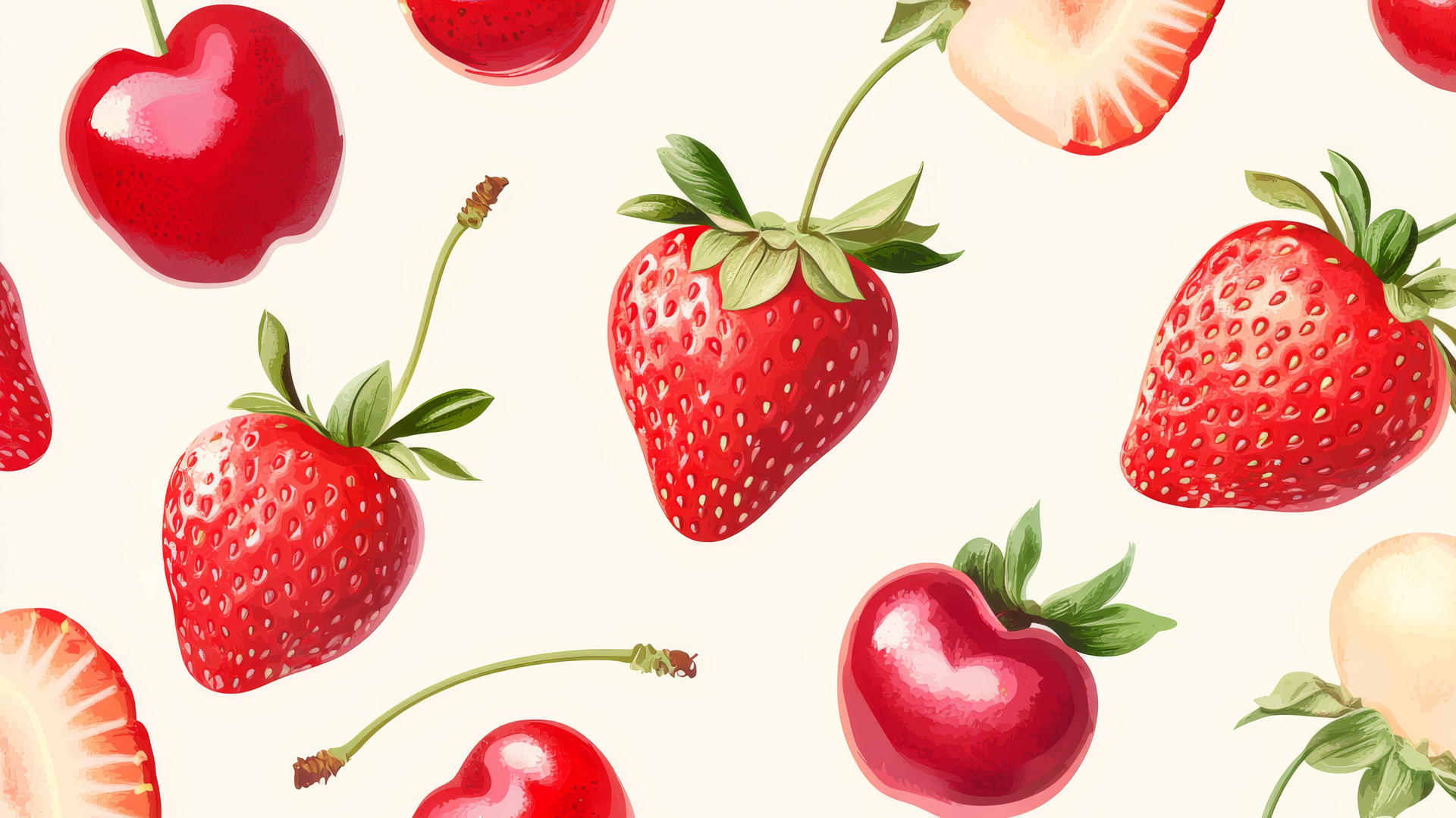 preppy wallpaper with strawberries and cherries on cream background