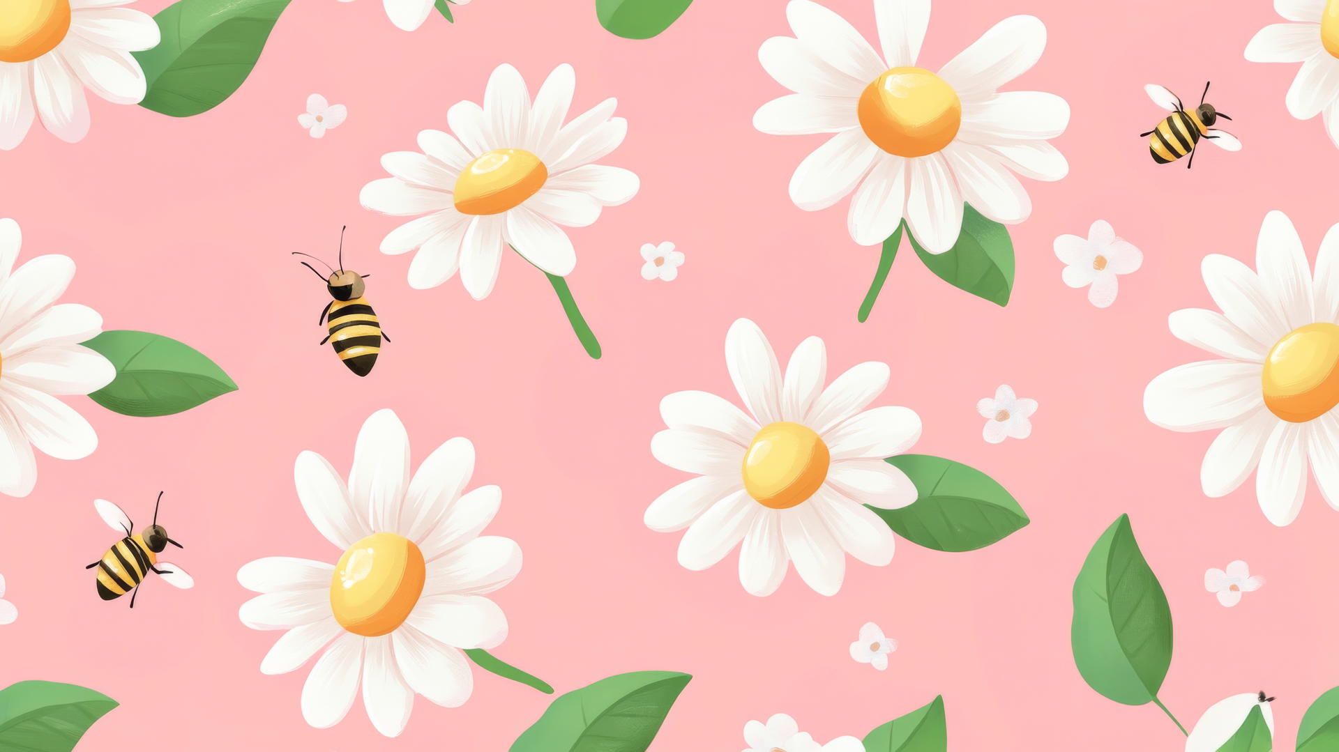 pink preppy wallpaper with white daisies, green leaves, and tiny bees on pastel pink background